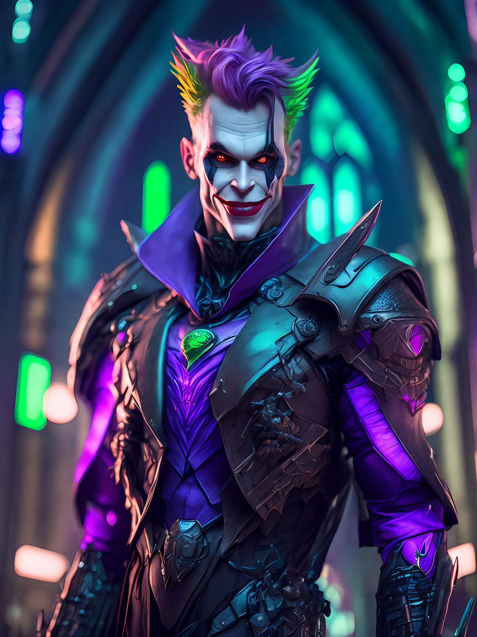 Portrait, Joker Flash from DC, Biomechanical, Complex Robot, Full Growth, Hyper Realistic, Insane Small Details, Extremely Clean Lines, Cyberpunk Aesthetic, Masterpiece Featured at Zbrush Central, Gothic Brutalist Cathedral, Cyberpunk, Award-Winning Photo, Bokeh, Neon Lights, Cybernetic Limb