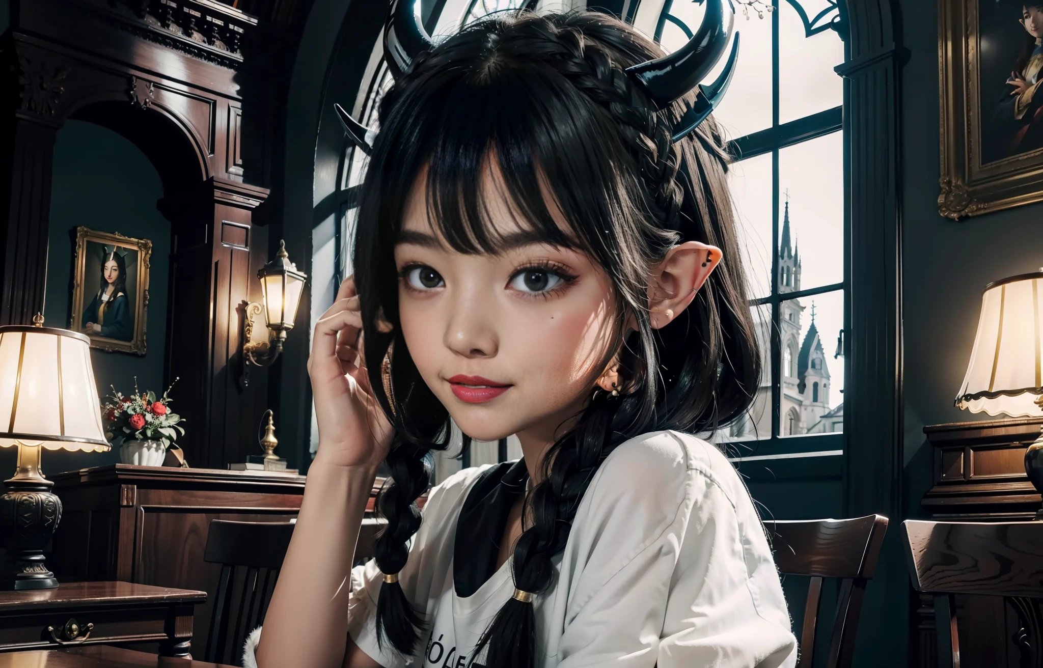 (best quality:1.4),(masterpiece:1.3),solo,(church,night,winter,yellow lights, desk lamps,Place elbows on the table,jasmine,black hair,braids,blue eyes,elf ears,red fur coat,2 demon horns:1.3),solo,(Lovely interior, detailed interior,caffee,books, indoors,Lovely interior:1.3), young girl, wide white T-shirts, black eyes, (jewel-like pupils:1.3), (clear faces, hands supporting faces), gazes, serious gazes, smiles, cute girls, fluffy hair, cute dolls
