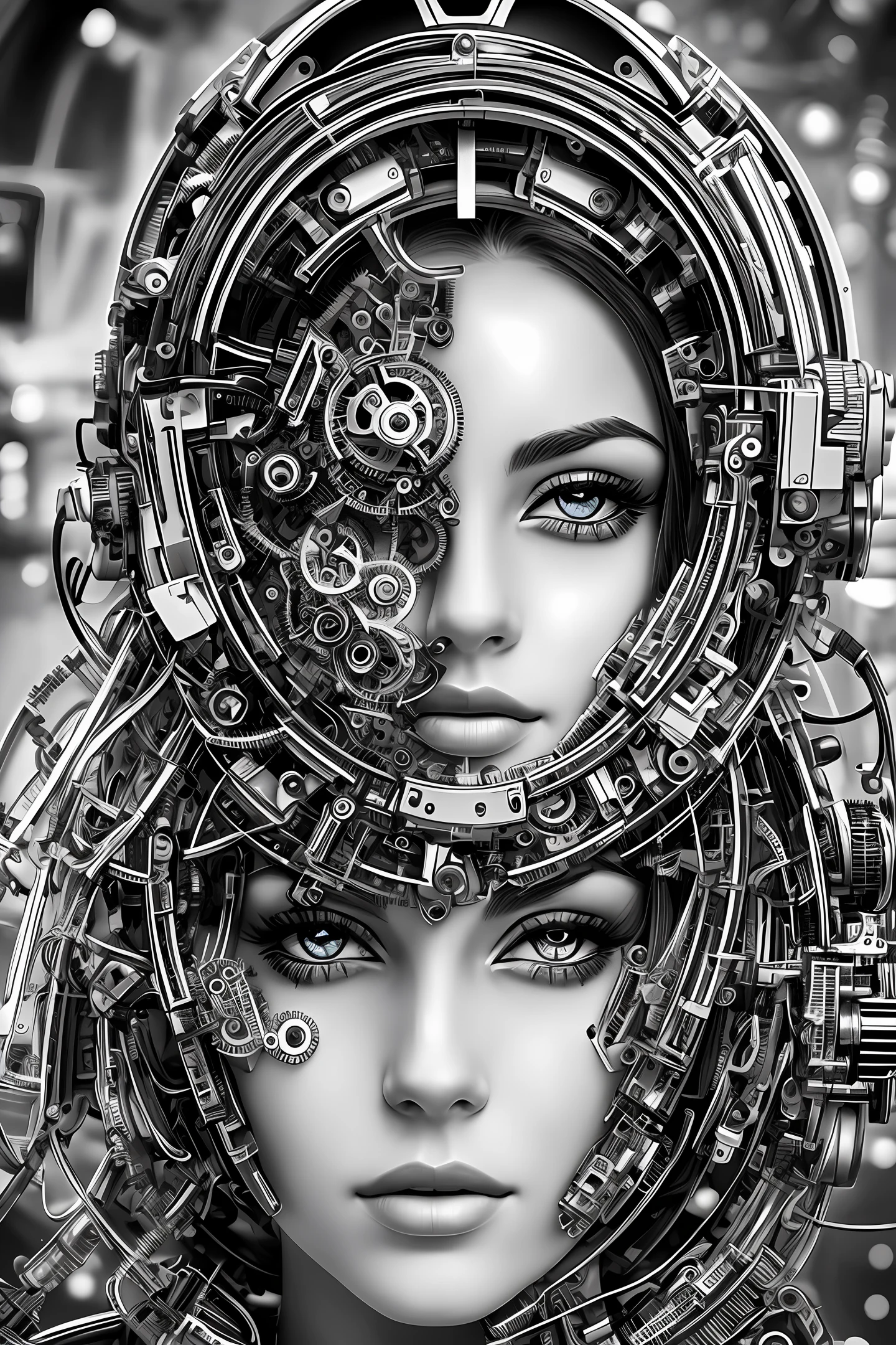 Black and white drawing of a woman's face with mechanical parts around HD psychedelic robot best quality