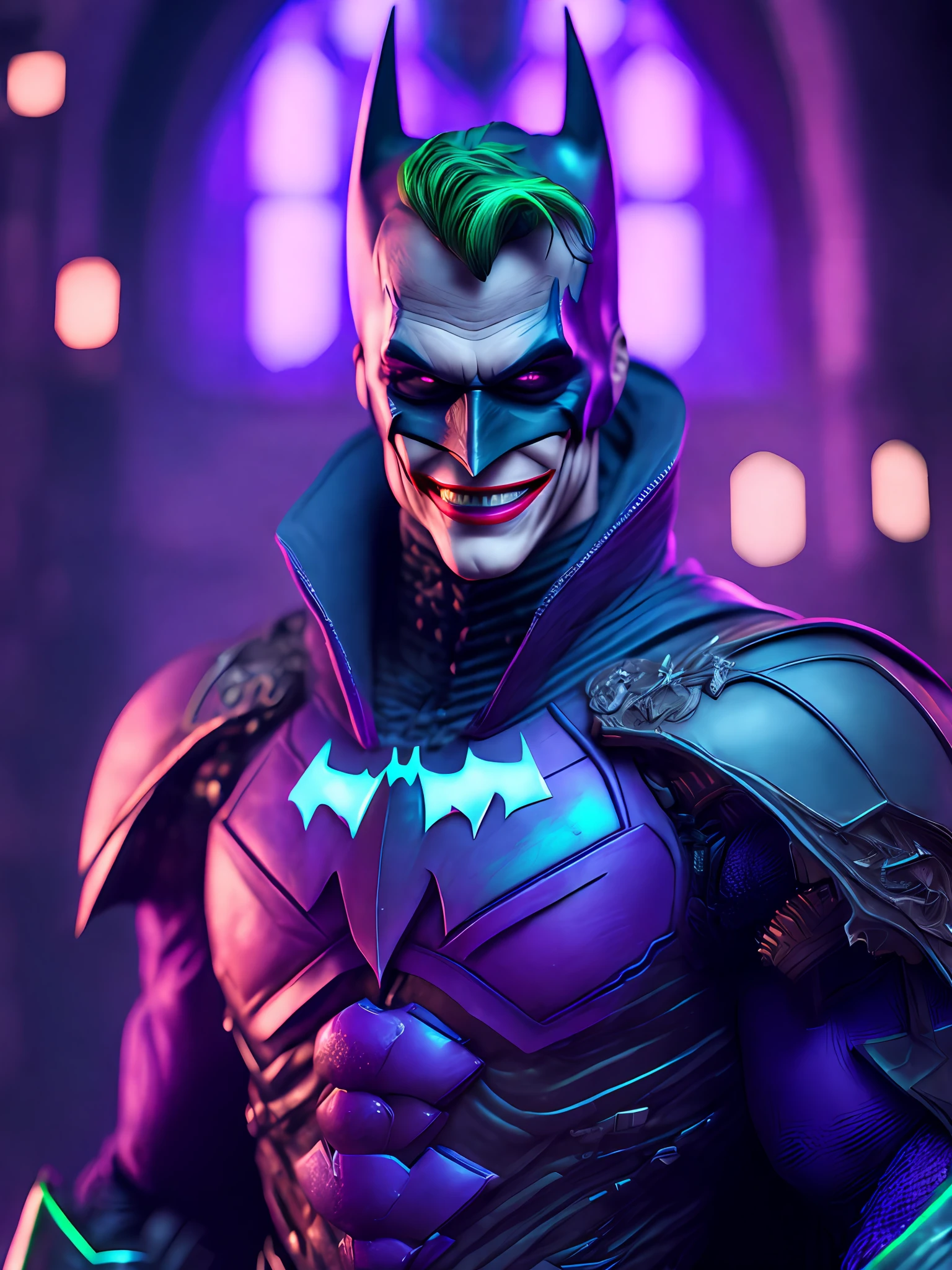 Portrait, Joker Flash from DC, Biomechanical, Complex Robot, Full Growth, Hyper Realistic, Insane Small Details, Extremely Clean Lines, Cyberpunk Aesthetic, Masterpiece Featured at Zbrush Central, Gothic Brutalist Cathedral, Cyberpunk, Award-Winning Photo, Bokeh, Neon Lights, Cybernetic Limb