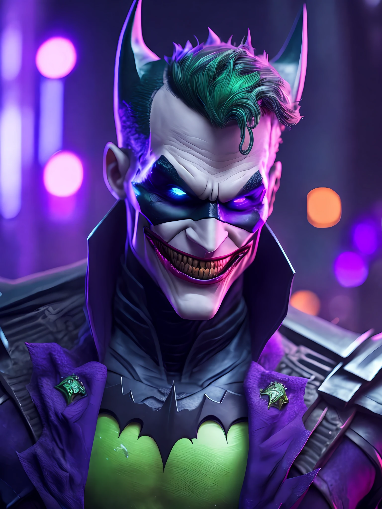 Portrait, Batman Joker from DC, biomechanical, complex robot, full growth, hyperrealistic, insane small details, extremely clean lines, cyberpunk aesthetic, masterpiece featured on Zbrush Central, gothic brutalist cathedral, cyberpunk, award-winning photo, bokeh, neon lights, cybernetic limb