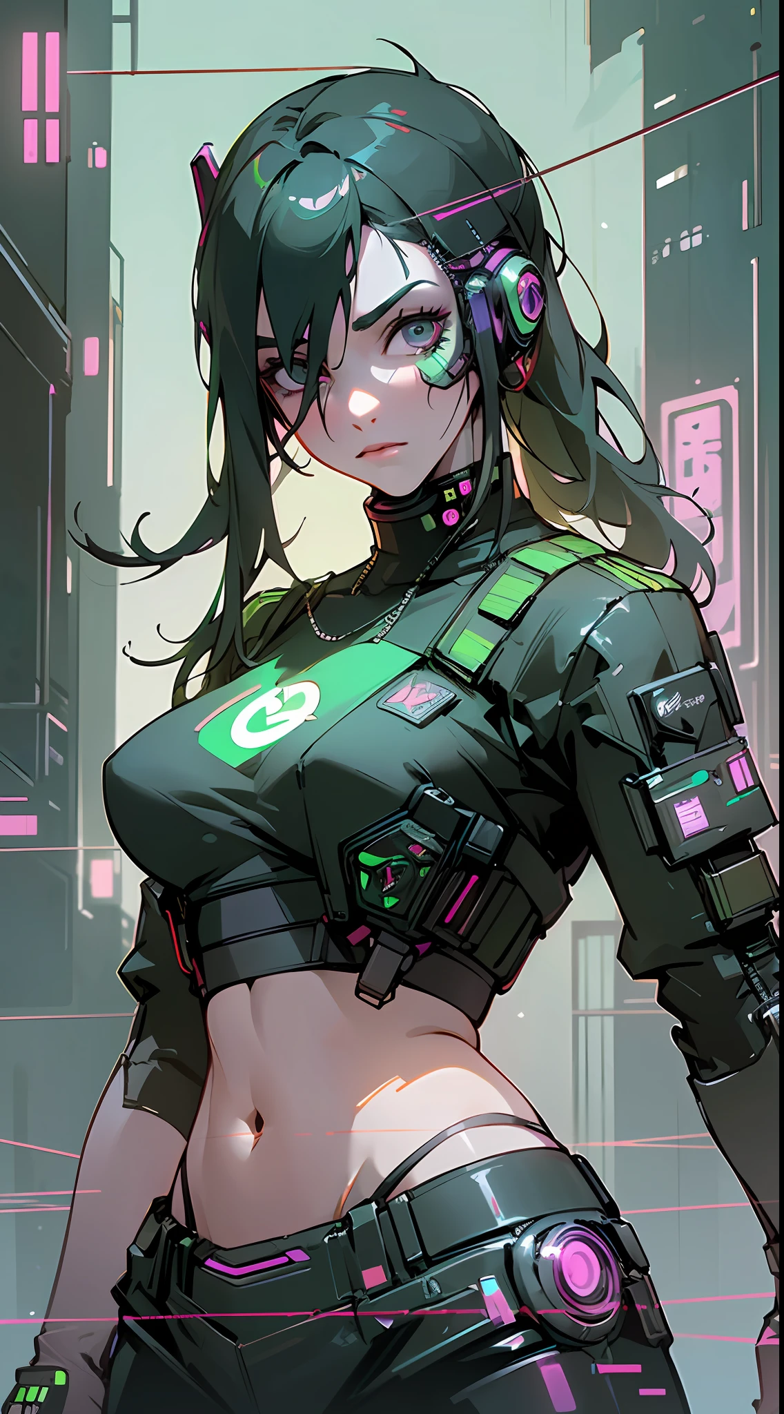 Finest Quality, 8k, 32k, Masterpiece, ((awaken:1,5)), (IP Masquerena), (fighting stance), facing left, (cyberpunk:1.5), wearing green crop top, (openai logo)