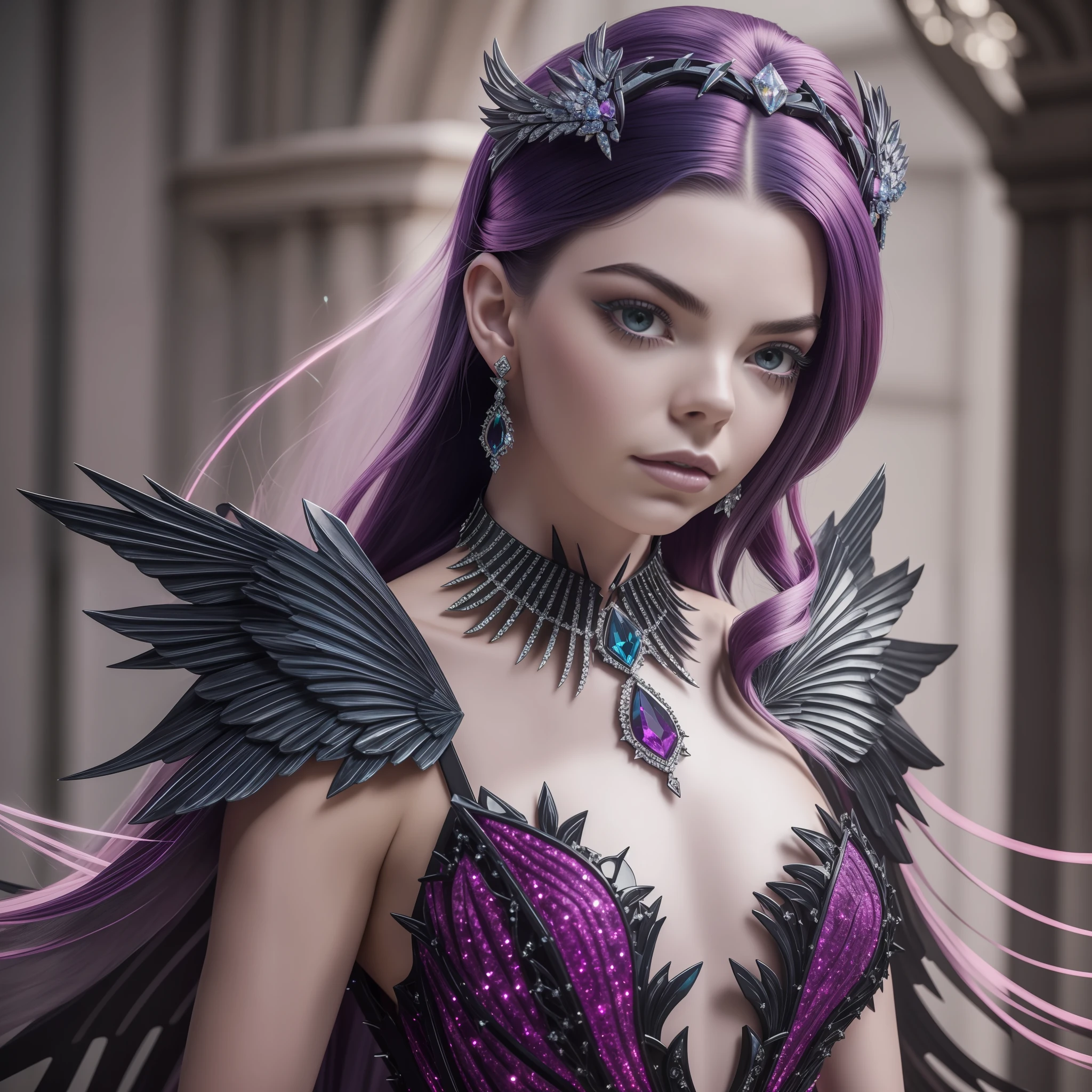 Ultra Pro Real photo of Anya Taylor with black spinel wings on the dress with sparks 

Indigo Tourmaline Diamond Kunzite, texture 16K, Gothic dress Lava extravagant ruby and hairstyle 

Short puffy strange, image 16k, haute couture, flashs rainbow glow blow spike, high quality 

image, robe extravagante soie satin feutre et lumineuse, Face teeth and suave realistic body 

Seductive revealing under-Clothing Poses Drama DSLR UHD HDR 16k "Unreal Engine 5" retina 

"LightDagger" Crystaline