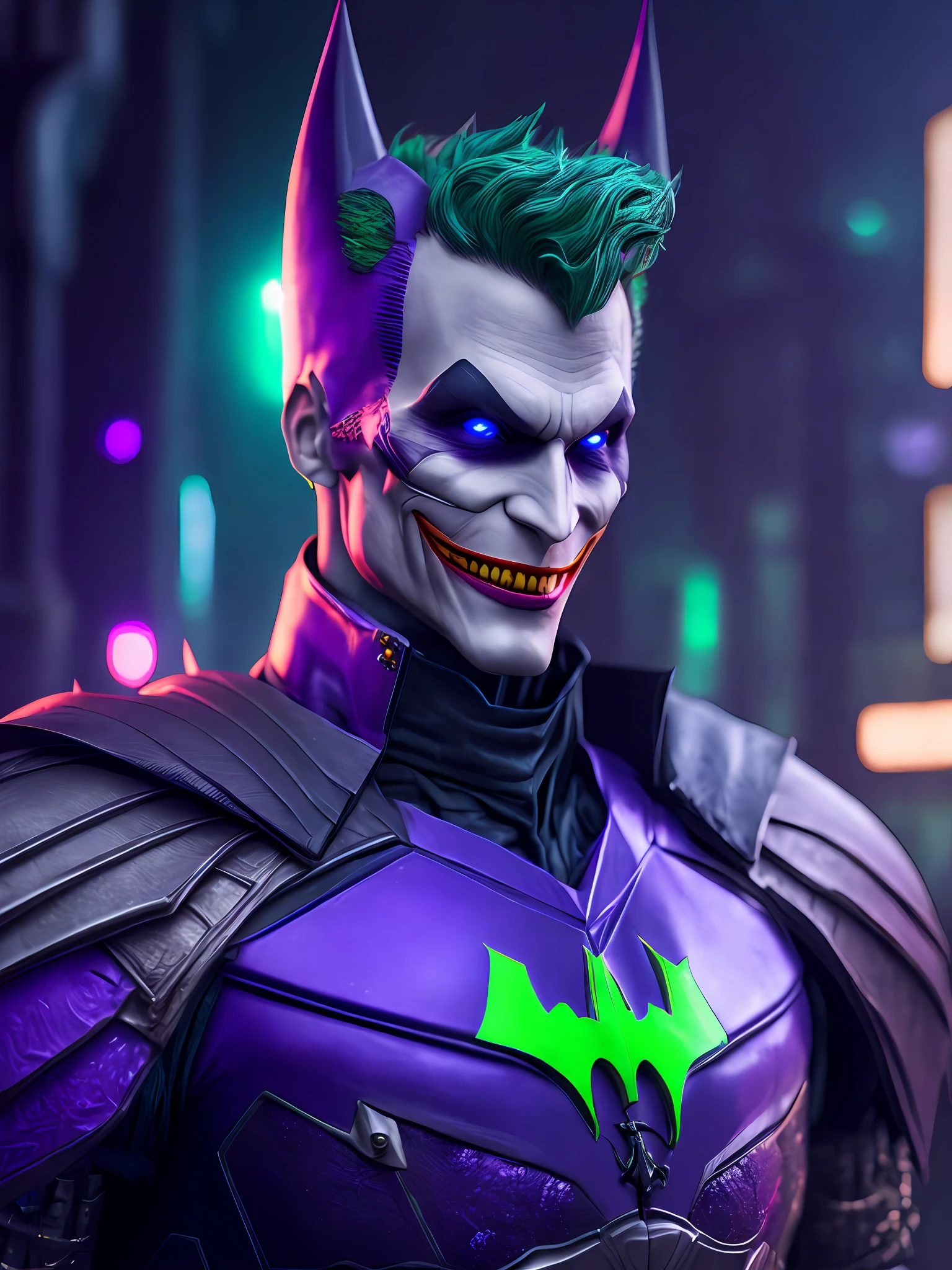 Portrait, Joker Batman from DC, biomechanical, complex robot, full growth, hyperrealistic, insane small details, extremely clean lines, cyberpunk aesthetic, masterpiece featured on Zbrush Central, gothic brutalist cathedral, cyberpunk, award-winning photo, bokeh, neon lights, cybernetic limb