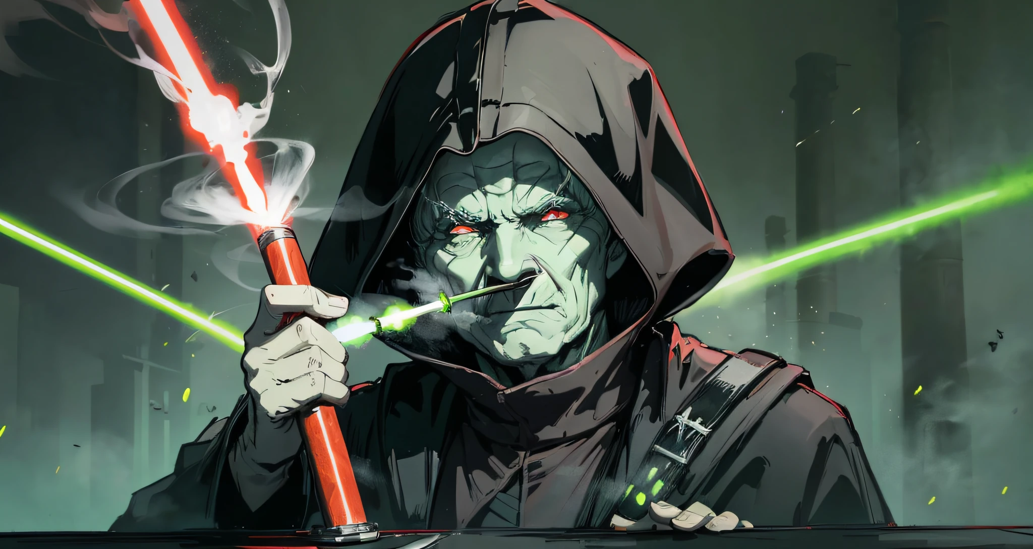 Darth Sidious smoking cigar surrounded by green laser beams and smoke --auto --s2