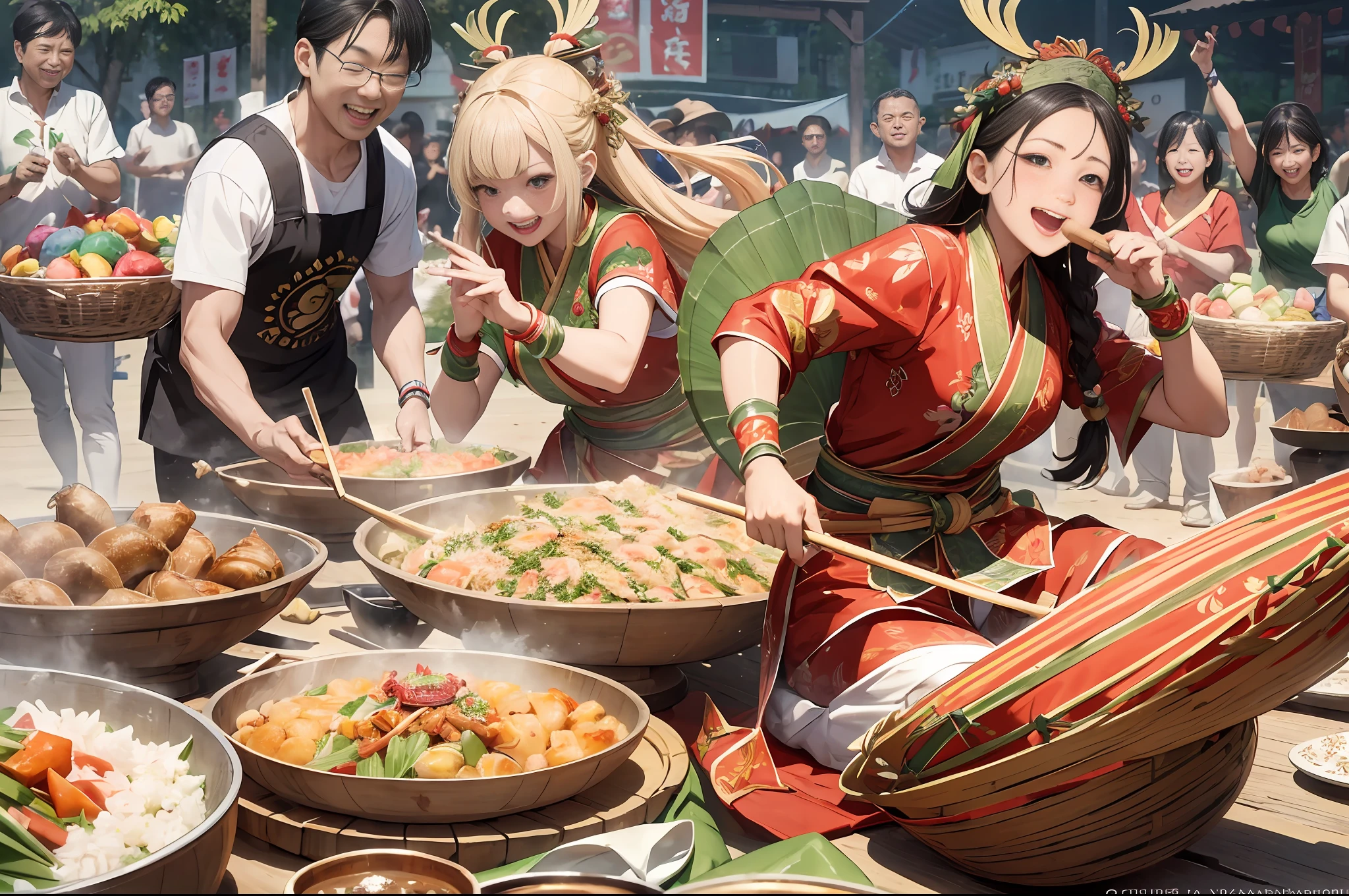 ((Bestquality)), ((a masterpiece、)), (detailing), (realistic), (Official Art), (extremely detailed CG unity 8k wallpaper), vibrant Dragon Boat Festival celebration, Cultural traditions, festive atmosphere, colorful decorations, traditional costume, energetic dragon boat race, cheerful participants, determined rowers, splashing water, exciting competition, traditional zongzi delicacies, mouthwatering treats, glutinous rice dumplings, various fillings, wrapped in bamboo leaves, joyful family gatherings, reunion and togetherness, exchanging blessings, enjoying festive food, cultural heritage, vibrant colors and festive spirit, celebratory mood, lively and dynamic, rich cultural symbolism, 8k resolution