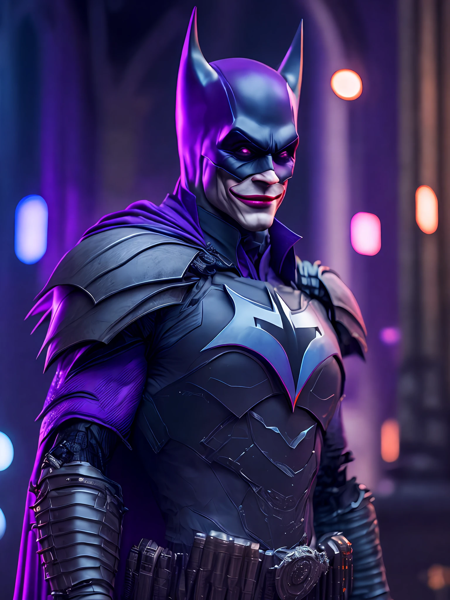 Portrait, Joker Batman from DC, biomechanical, complex robot, full growth, hyperrealistic, insane small details, extremely clean lines, cyberpunk aesthetic, masterpiece featured on Zbrush Central, gothic brutalist cathedral, cyberpunk, award-winning photo, bokeh, neon lights, cybernetic limb