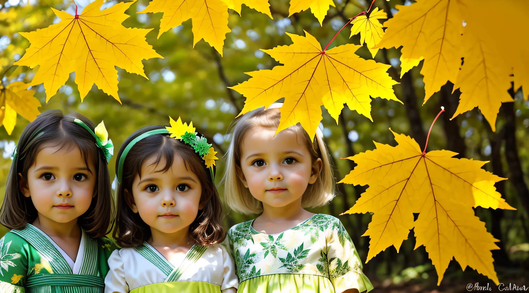 3 Russian children girls with , COM CABELO LISO LONGOS loiras, ESTILO RETRATO, There are two leaves that are hanging from a branch, amarelo e verde, verde e amarelo, cores verde e amarelo, folhas brilhantes, tons verdes e amarelos, folhas em galhos, folhas em primeiro plano, translucent leaves, folhas verdes, folhas de luz de fundo, maples japoneses, folhas verdes coloridas vibrantes, amarelo e verde, folhas verdes de luz de fundo, painted pale yellow and green
