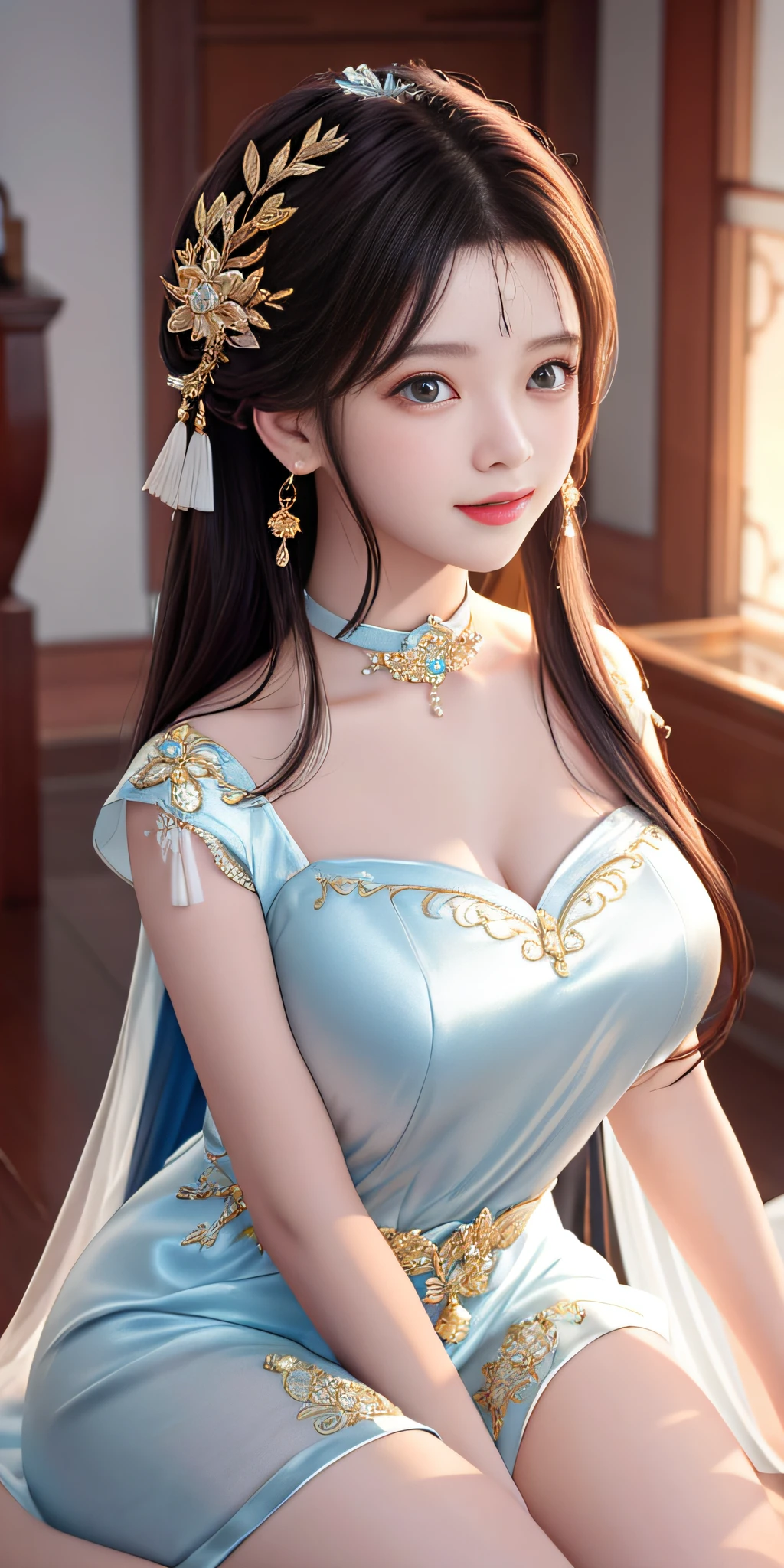 Best quality、a masterpiece、high res、Girls nude girls 1 pc、Sheer silk porcelain dress、Nice face、hair ornament、looks at the viewer、smile,、,、,、Shut your mouth、Lips、One Piece Dresses、Sexy beautiful legs，Plump breasts，hair ornament、Choker、JEWELRY、length hair、earings、Pretty Face、On the body、Tindal effect、realistness、Shadow Studio、edge lighting、Two-Color Lighting、（highdetailedskin：1.2）、8k Ultra HD、DSLR、softlighting、High Quality，Volumetric Lighting，photograph of，High resolution 4K，8k，Blur the background