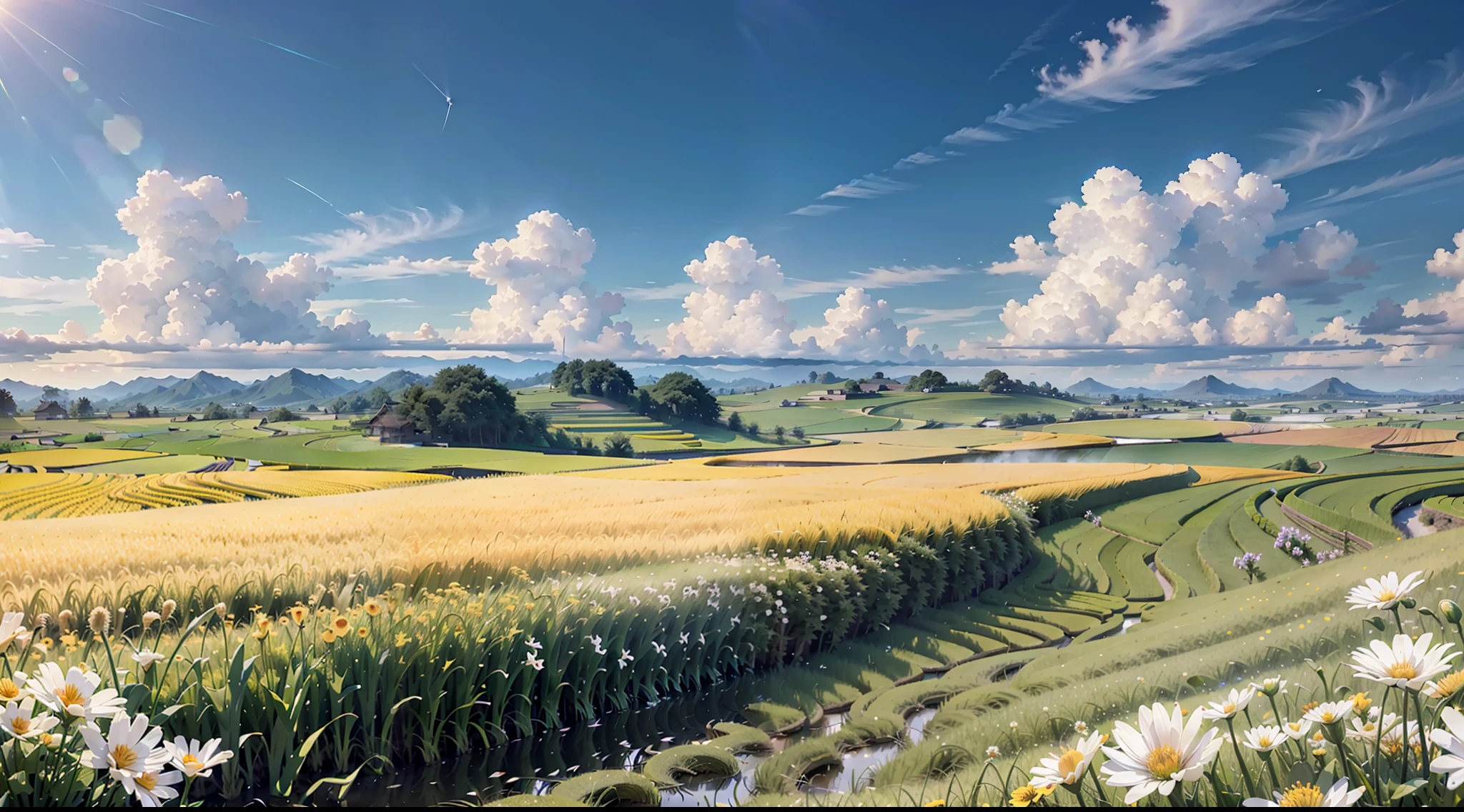 Rice fields, countryside, prairie, grassland, A few small flowers, Big clouds, blue sky, Hot weather, HD Details, Hyper Detail, Cinematics, Hyperrealism, Soft light, Deep Field Focus Bokeh, Ray tracing and surrealism. --v 6