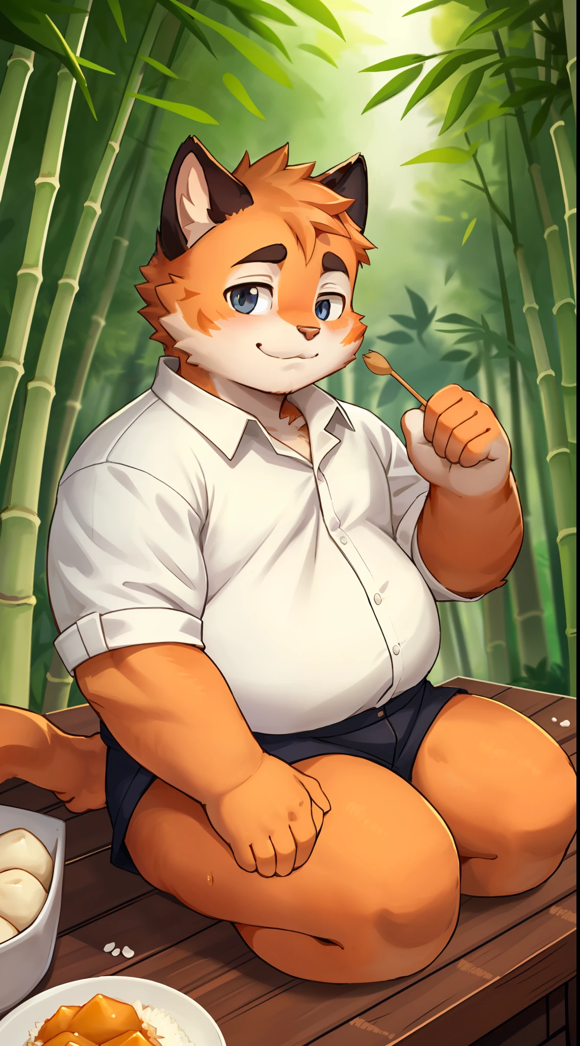 Nicolas Kroll， ，orange cat，Orange fur， solo， looks at the viewer， white shirts， 1boy， Male focus， Plump the， Chubby，on a desk，Eat rice dumplings，A shy expression，，Flat coating，youth，The background is in the courtyard of a bamboo forest。