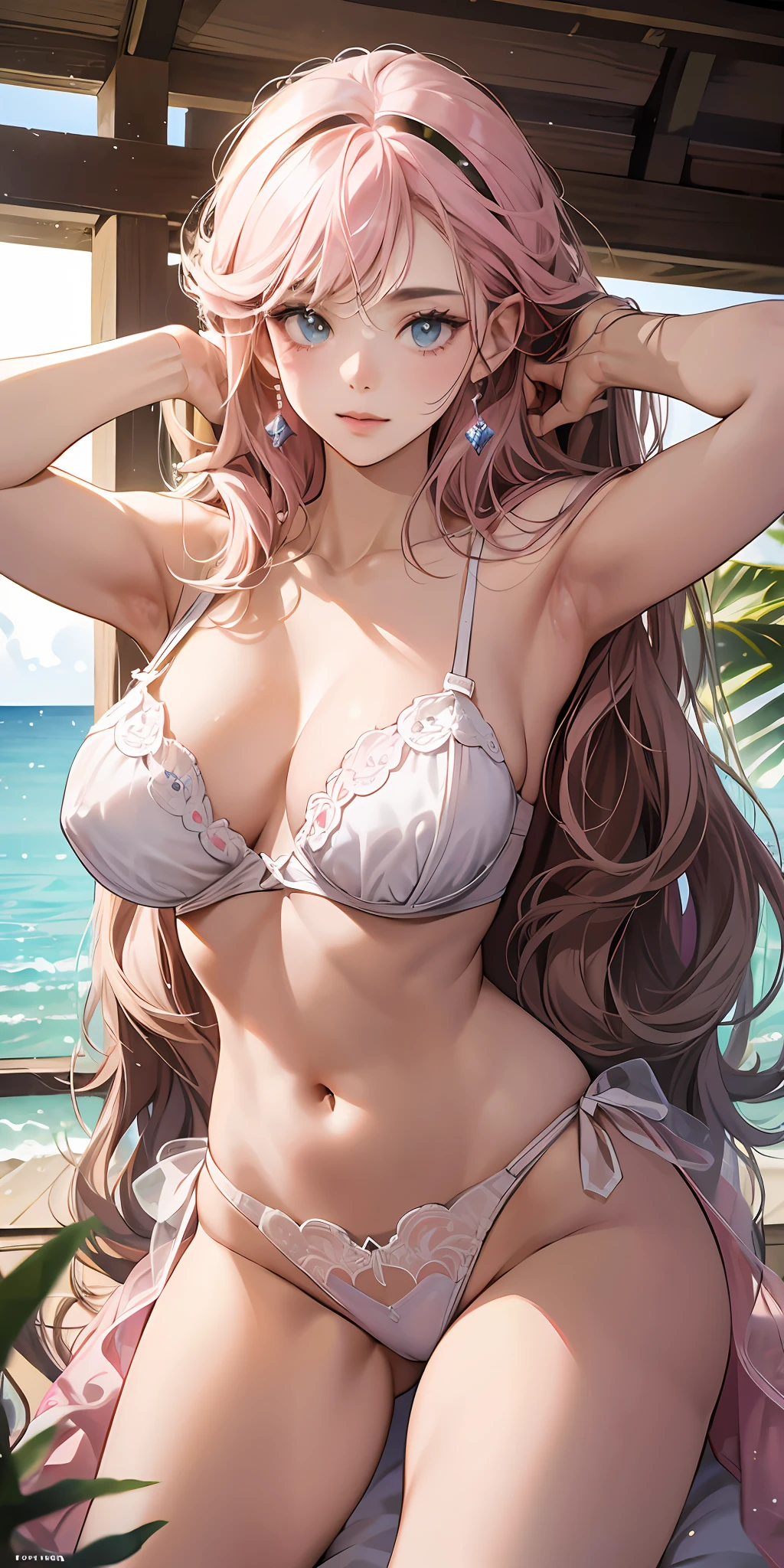 Acuarelas,La mejor calidad de imagen,8k, of the most beautiful girl,17 years, adolescente,The most beautiful, cuerpo perfecto exuberante, piel delicada blanca, piel mojada, francesa,muy detallada, semi desnuda , showing off your big soft buttocks,Her wide hips and sexy pink princess lingerie,hilo,porta ligas --auto --s2