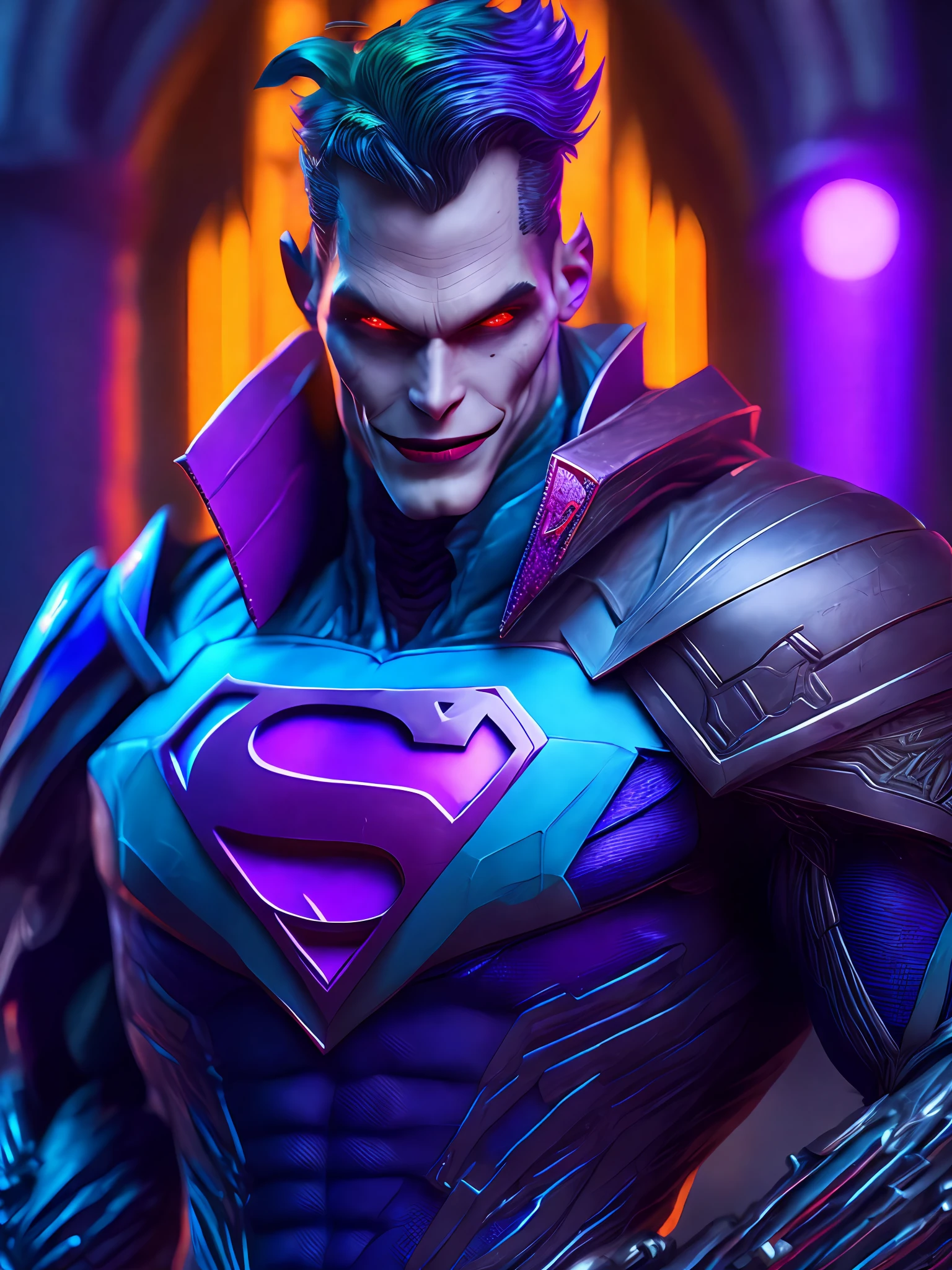 Portrait, Superman Joker from DC, Biomechanical, Complex Robot, Full Growth, Hyper Realistic, Insane Small Details, Extremely Clean Lines, Cyberpunk Aesthetic, Masterpiece Featured on Zbrush Central, Gothic Brutalist Cathedral, Cyberpunk, Award-Winning Photo, Bokeh, Neon Lights, Cybernetic Limb