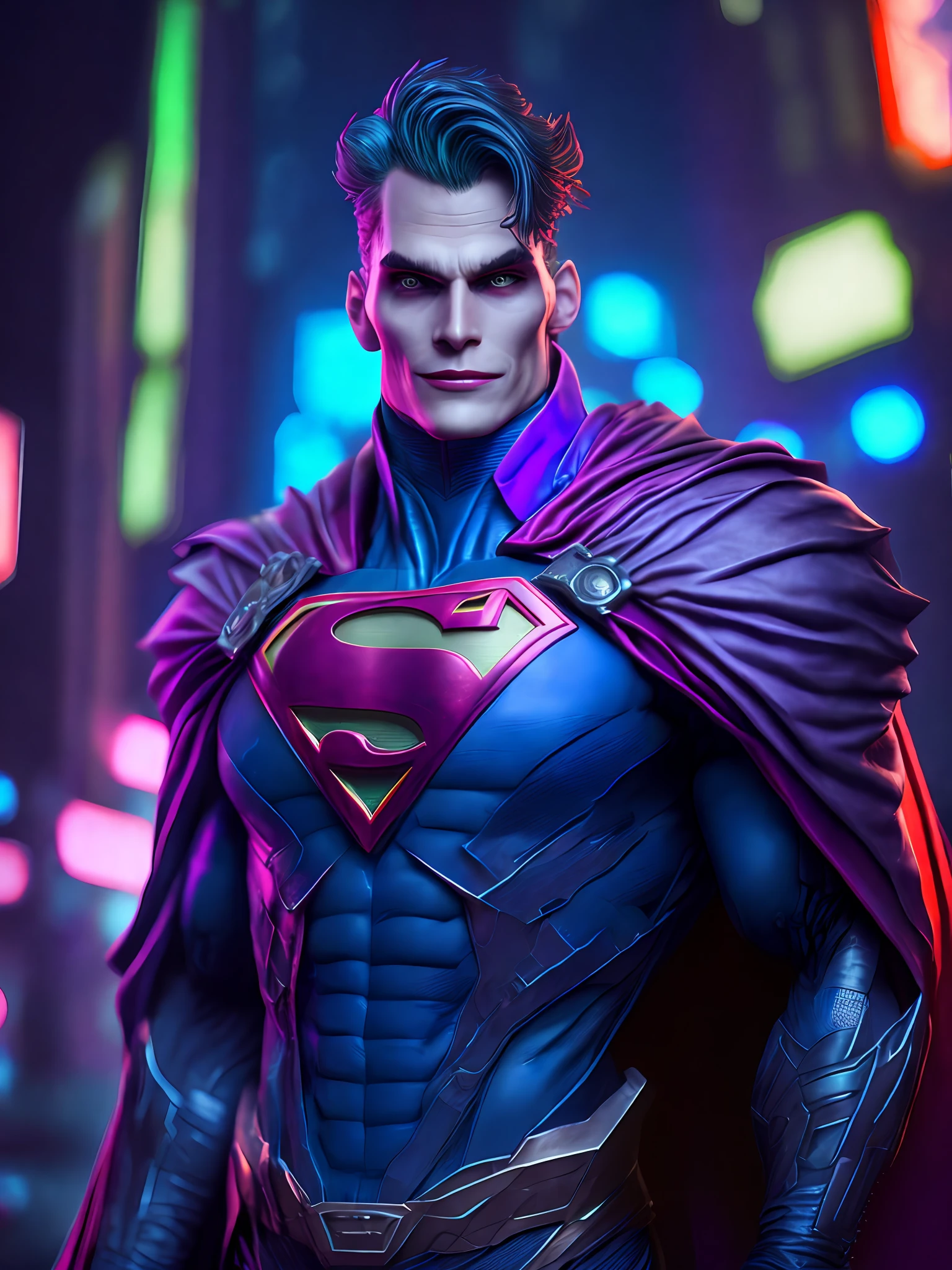 Portrait, Superman Joker from DC, Biomechanical, Complex Robot, Full Growth, Hyper Realistic, Insane Small Details, Extremely Clean Lines, Cyberpunk Aesthetic, Masterpiece Featured on Zbrush Central, Gothic Brutalist Cathedral, Cyberpunk, Award-Winning Photo, Bokeh, Neon Lights, Cybernetic Limb