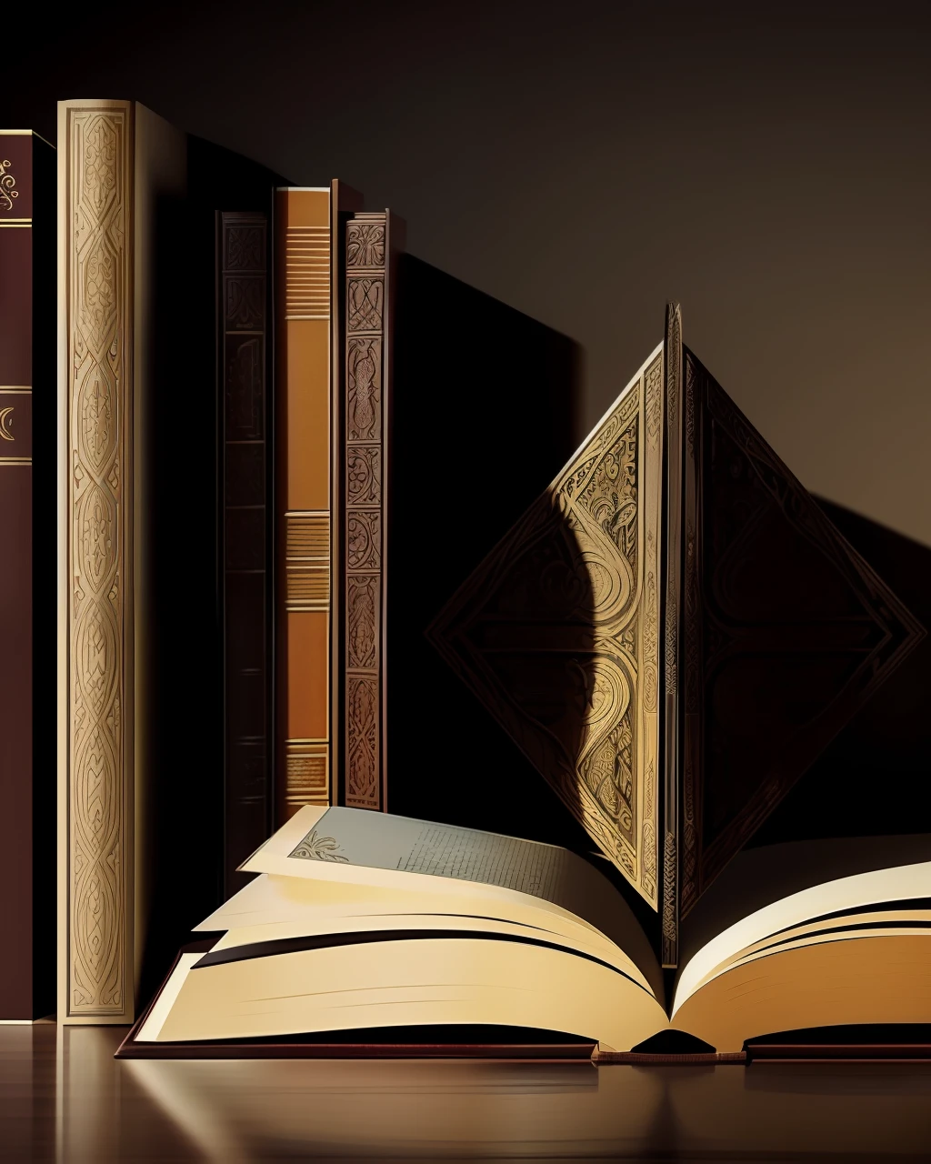 Incredibly detailed illustrations of books, with realistic textures and colors. Masterpiece quality. Ultra-high resolution. Various book genres, from classic to contemporary. Focus on the intricate details of the books, from the covers to the pages. Dynamic angles, shadows, and lighting to highlight the beauty of the books.