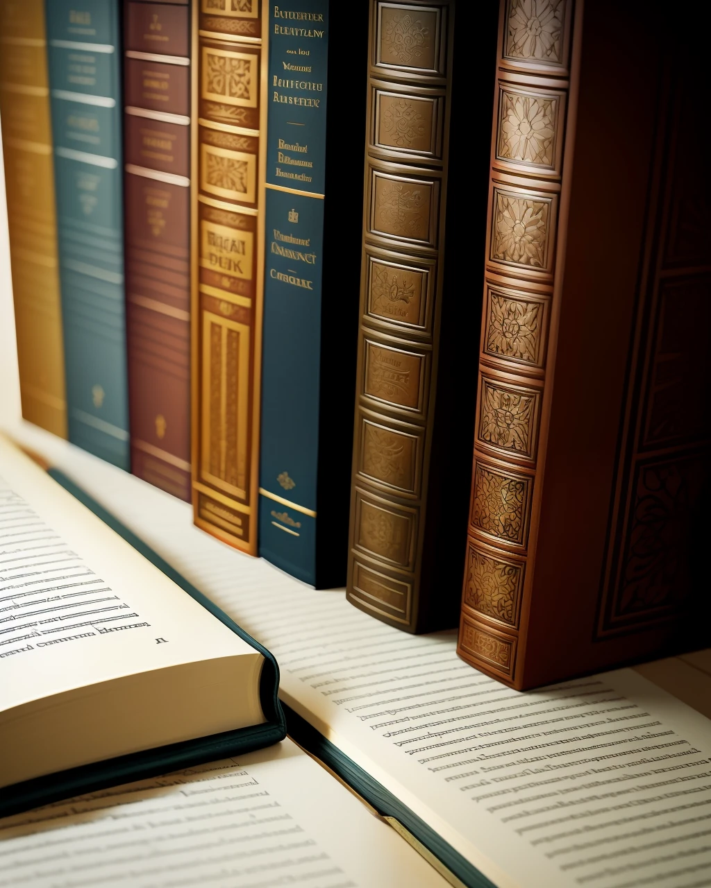 Incredibly detailed illustrations of books, with realistic textures and colors. Masterpiece quality. Ultra-high resolution. Various book genres, from classic to contemporary. Focus on the intricate details of the books, from the covers to the pages. Dynamic angles, shadows, and lighting to highlight the beauty of the books.