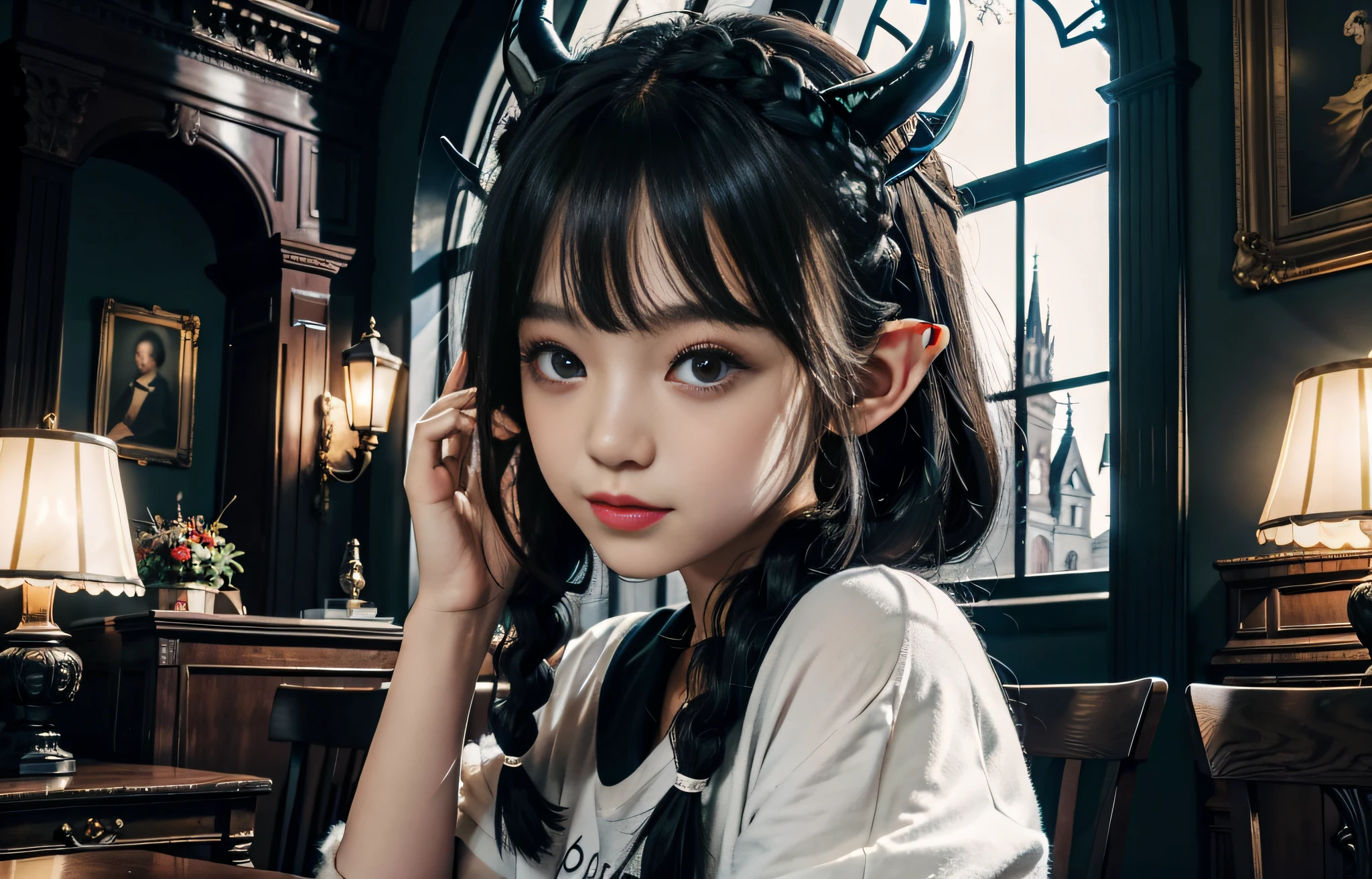 (best quality:1.4),(masterpiece:1.3),solo,(church,night,winter,yellow lights, desk lamps,Place elbows on the table,jasmine,black hair,braids,blue eyes,elf ears,red fur coat,2 demon horns:1.3),solo,(Lovely interior, detailed interior,caffee,books, indoors,Lovely interior:1.3), young girl, wide white T-shirts, black eyes, (jewel-like pupils:1.3), (clear faces, hands supporting faces), gazes, serious gazes, smiles, cute girls, fluffy hair, cute dolls