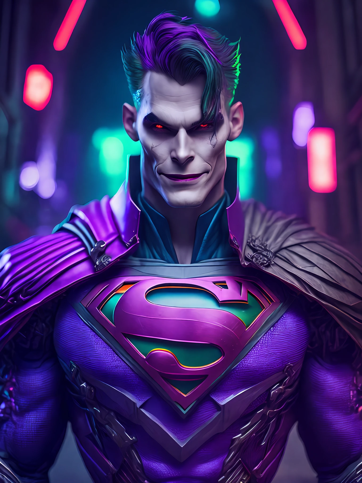 Portrait, Joker Flash from DC, Biomechanical, Complex Robot, Full Growth, Hyper Realistic, Insane Small Details, Extremely Clean Lines, Cyberpunk Aesthetic, Masterpiece Featured at Zbrush Central, Gothic Brutalist Cathedral, Cyberpunk, Award-Winning Photo, Bokeh, Neon Lights, Cybernetic Limb