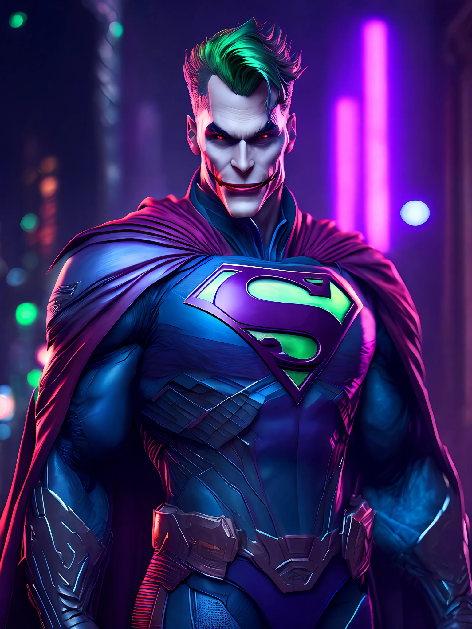 Portrait, Joker Superman from DC, biomechanical, complex robot, full growth, hyperrealistic, insane small details, extremely clean lines, cyberpunk aesthetic, masterpiece featured on Zbrush Central, gothic brutalist cathedral, cyberpunk, award-winning photo, bokeh, neon lights, cybernetic limb