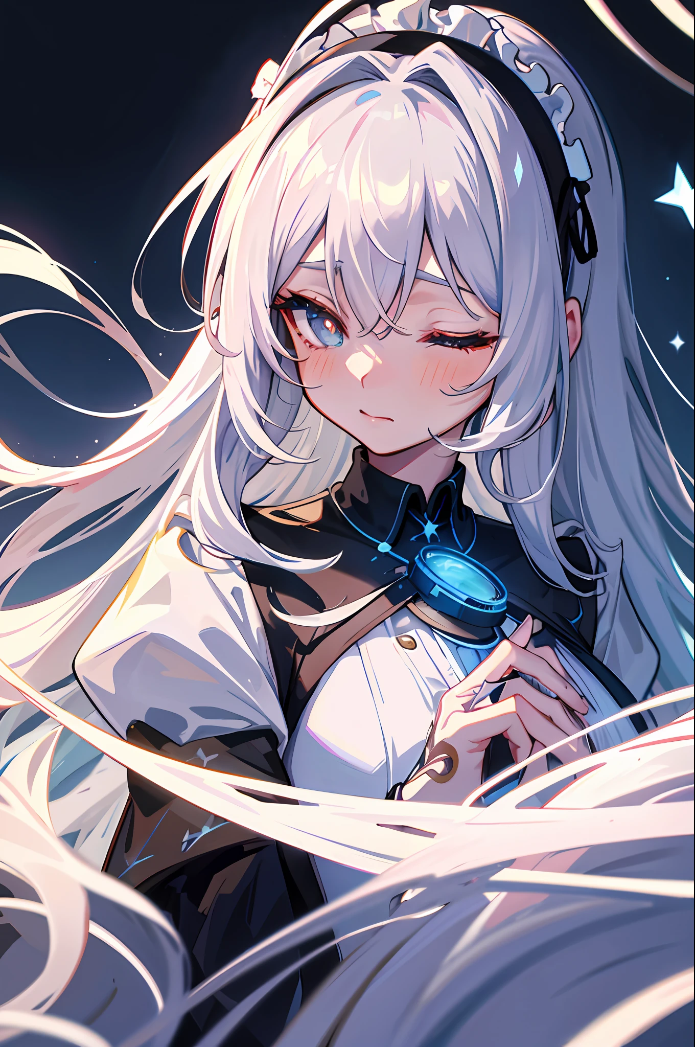 Long silver-white hair with a hint of blue, Starry eyes, It looks even more beautiful than an immortal, ahoge, hair strand, goggles, lolita hairband, mole under eye, star-shaped pupils, one eye closed, amber eyes, color contact lenses, blush, high detail, anime, Romanticism, modern, Gothic art, anime style, cinematic lighting, ray tracing, motion lines, tachi-e, first-person view, close-up, Sony FE GM, UHD, high details, best quality, 8k