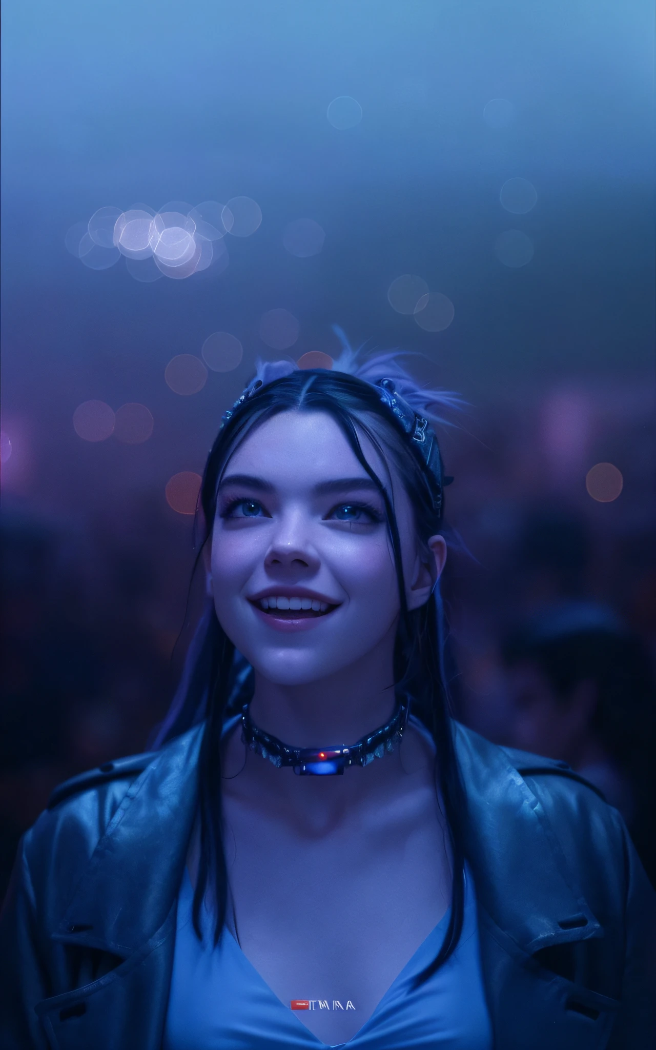 there is a woman with a necklace and a jacket on, anya_Taylor-alegria, enquanto ela olha para o teto, anya taylor-alegria, anya taylor - alegria, Ainda de Alita, em cyber punk 2077, Billie Eilish como Loki, olhos estrelados, Anya Taylor Alegria, captura de tela de um filme, Jackie Welles Cyberpunk