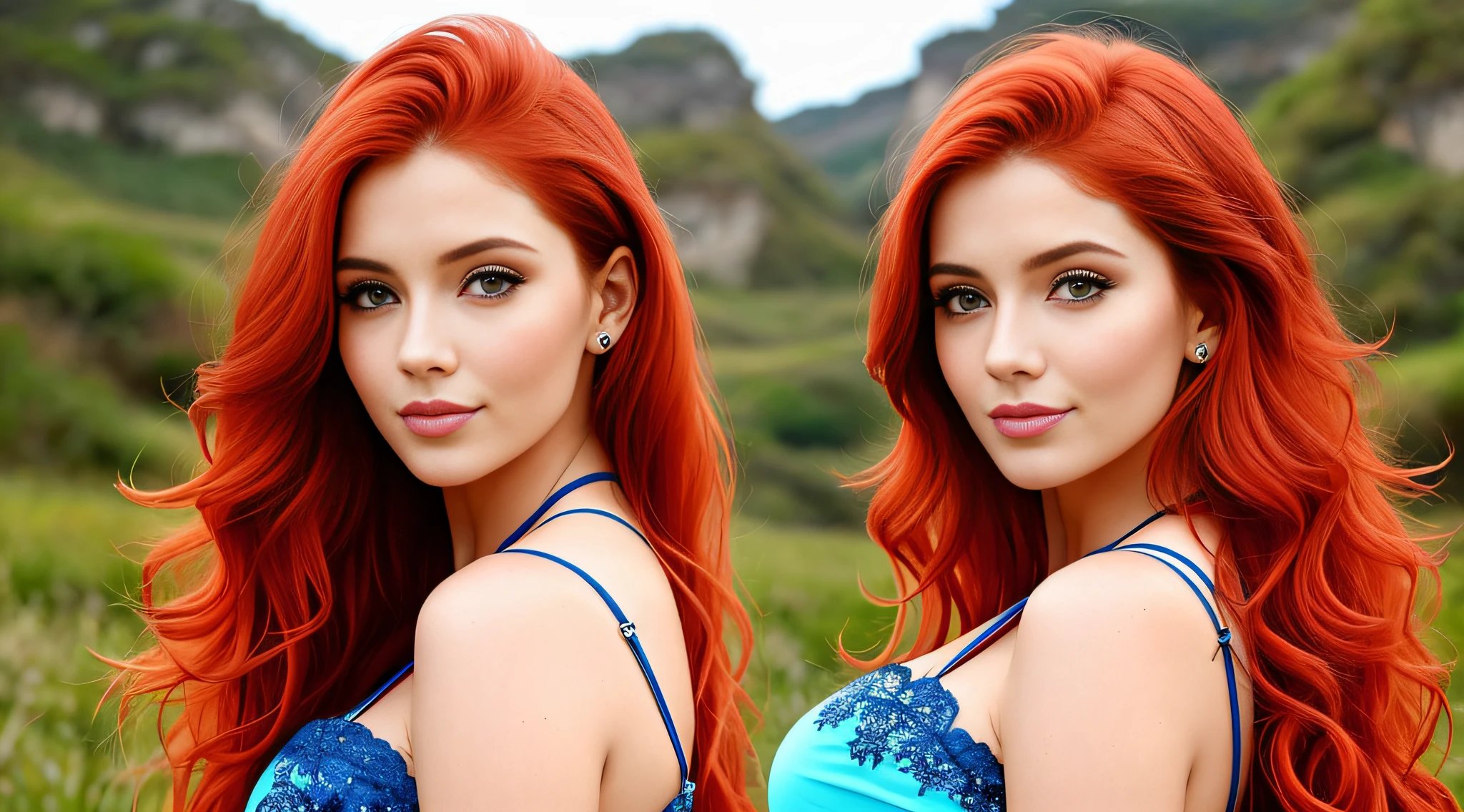 a woman with red hair and a blue bra top posing in a field, cintura vermelha-cabelos longos, Deusa dos cabelos ruivos, cabelos longos de fogo, lindos cabelos longos de fogo, pele laranja e cabelo ardente longo, com longos cabelos ruivos, longos cabelos ruivos brilhantes, cabelos longos ruivos, cabelos longos vermelhos, garota ruiva, red head, ela tem cabelos longos e redorange, mulher ruiva bonita