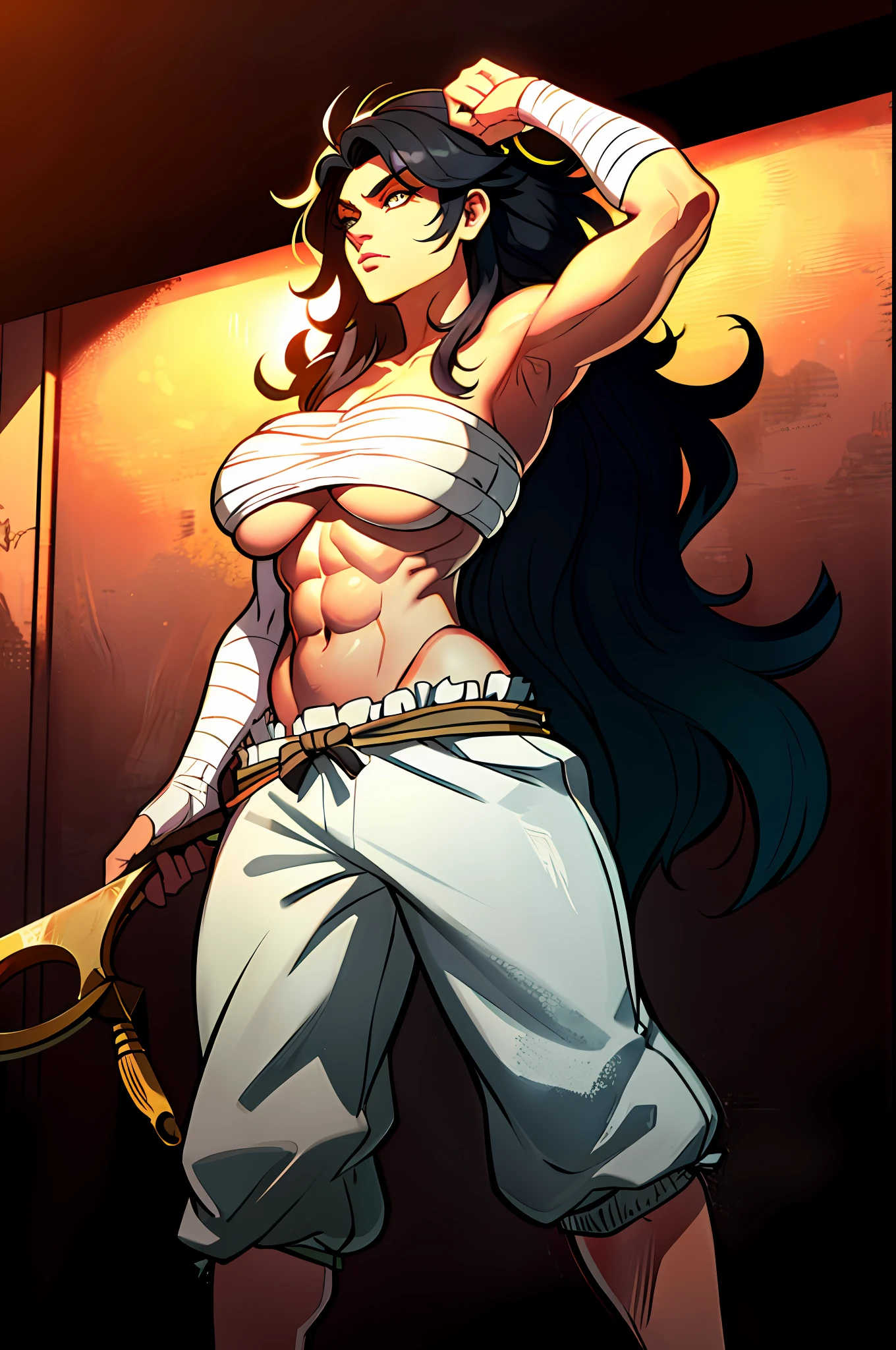 Daidouji, cabelo longo loiro, musculoso, messy hair, toupeira sob o olho esquerdo, olhos verdes, standing on,
Dattire, headgear, sarashi peito branco, sarashi, underboob, arm bandages, black trousers, geta
(insanamente detalhado, belo rosto detalhado, obra-prima, melhor qualidade) volumetric lighting, mapeamento de tom, (parecendo enojado)