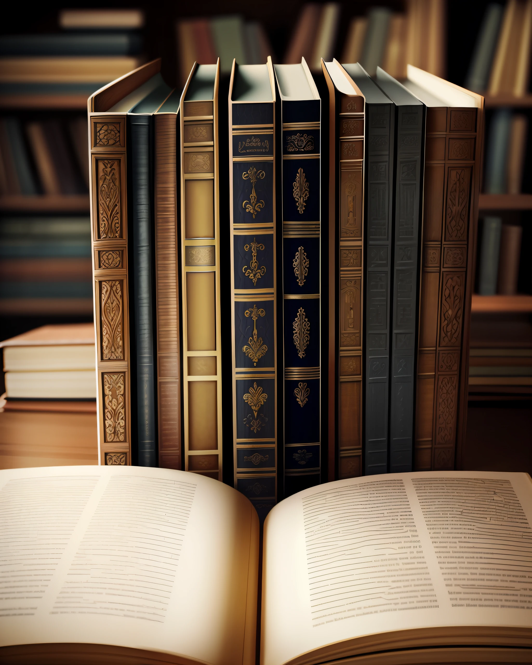 Incredibly detailed illustrations of books, with realistic textures and colors. Masterpiece quality. Ultra-high resolution. Various book genres, from classic to contemporary. Focus on the intricate details of the books, from the covers to the pages. Dynamic angles, shadows, and lighting to highlight the beauty of the books.