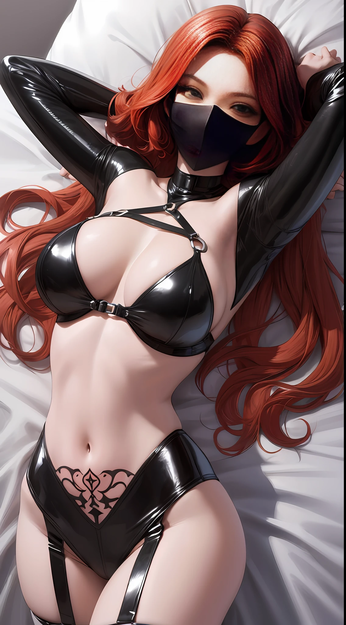 Redhead babes,black mouth mask,8K resolution,The body is strong,{{Huge_breast}},The chest is erect,Tall,Long legs,Thin and transparent tights,{{latex}},{{glossy}},{slim},Fair skin,{black_stockings},highest detailed,Light curls,long bangs,hollow out,Side space,Various tattoos all over the body,Lie on the bed,Top perspective