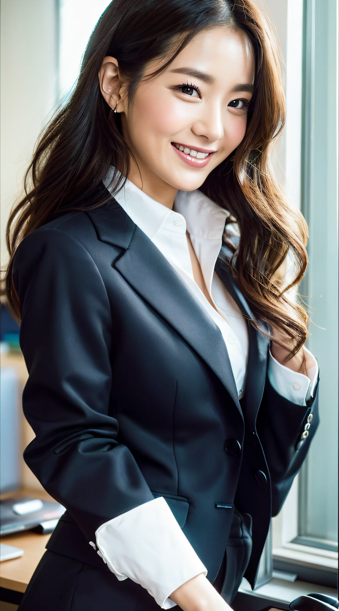 On your desk in the office、Close up of one woman、35mm masterpiece、Black suit、a smiling look、Pants