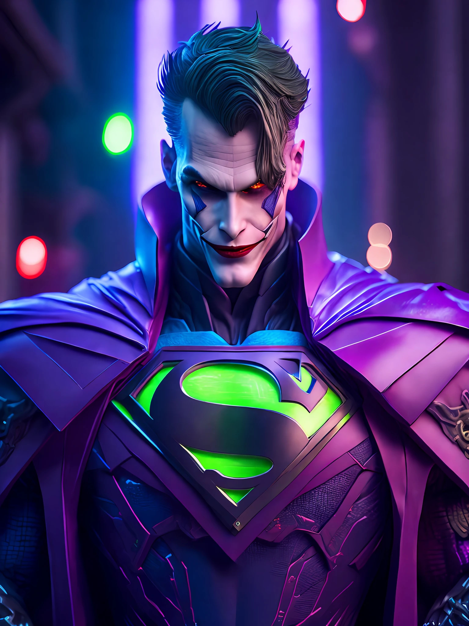 Portrait, Joker Flash from DC, Biomechanical, Complex Robot, Full Growth, Hyper Realistic, Insane Small Details, Extremely Clean Lines, Cyberpunk Aesthetic, Masterpiece Featured at Zbrush Central, Gothic Brutalist Cathedral, Cyberpunk, Award-Winning Photo, Bokeh, Neon Lights, Cybernetic Limb