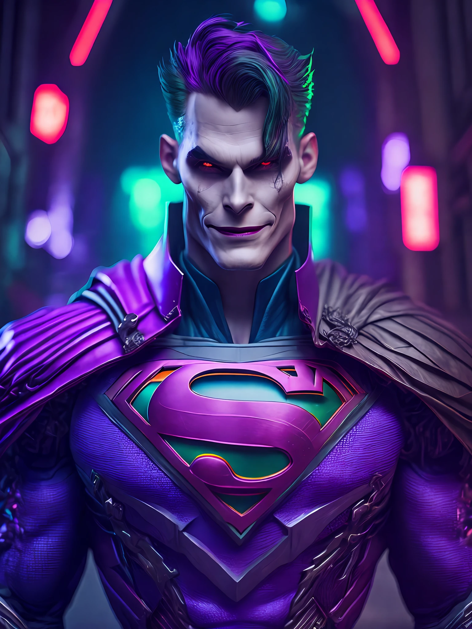 Portrait, Joker Flash from DC, Biomechanical, Complex Robot, Full Growth, Hyper Realistic, Insane Small Details, Extremely Clean Lines, Cyberpunk Aesthetic, Masterpiece Featured at Zbrush Central, Gothic Brutalist Cathedral, Cyberpunk, Award-Winning Photo, Bokeh, Neon Lights, Cybernetic Limb