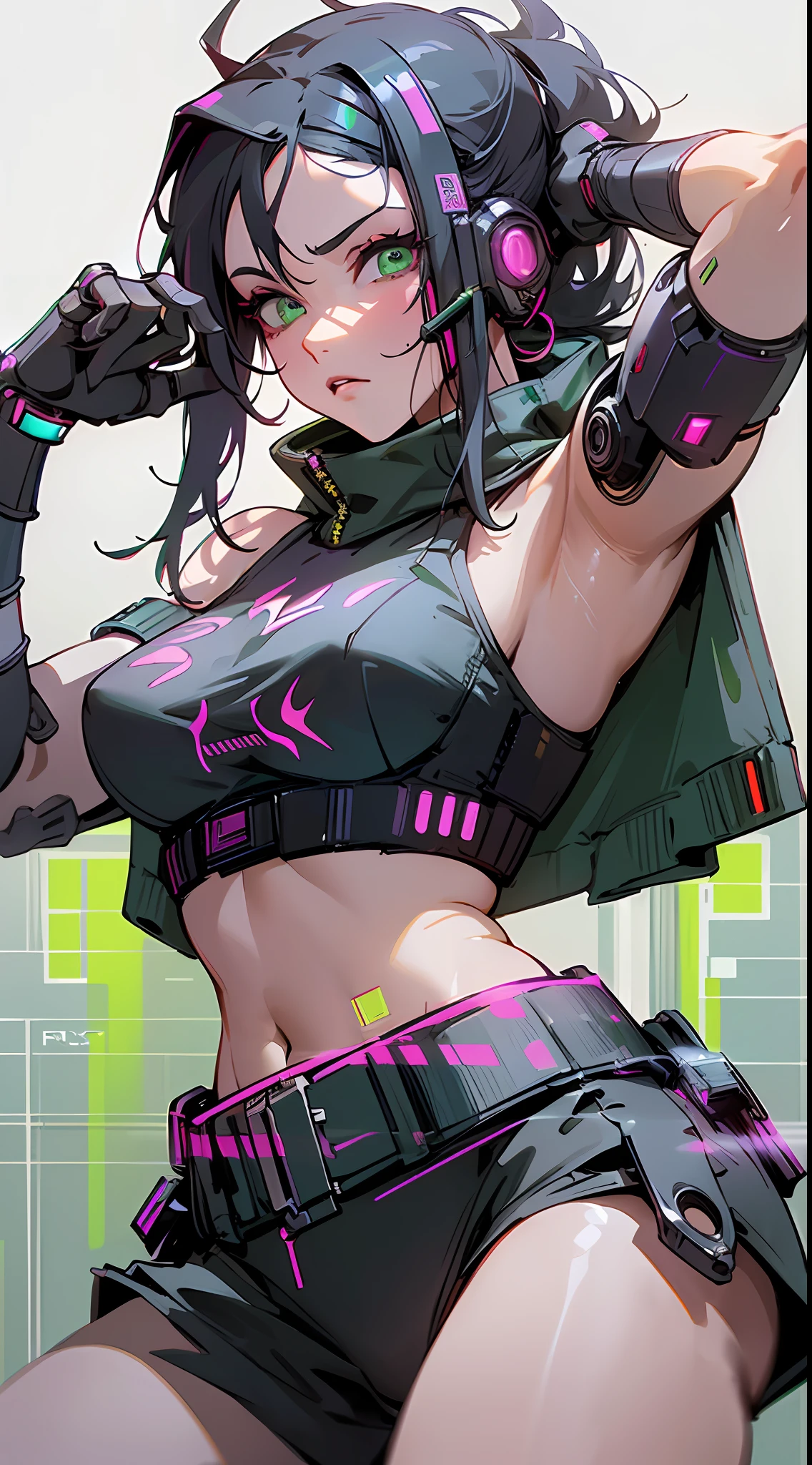 Finest Quality, 8k, 32k, Masterpiece, ((awaken:1,5)), (IP Masquerena), (fighting stance), facing left, (cyberpunk:1.5), wearing green crop top, (openai logo), plain white background