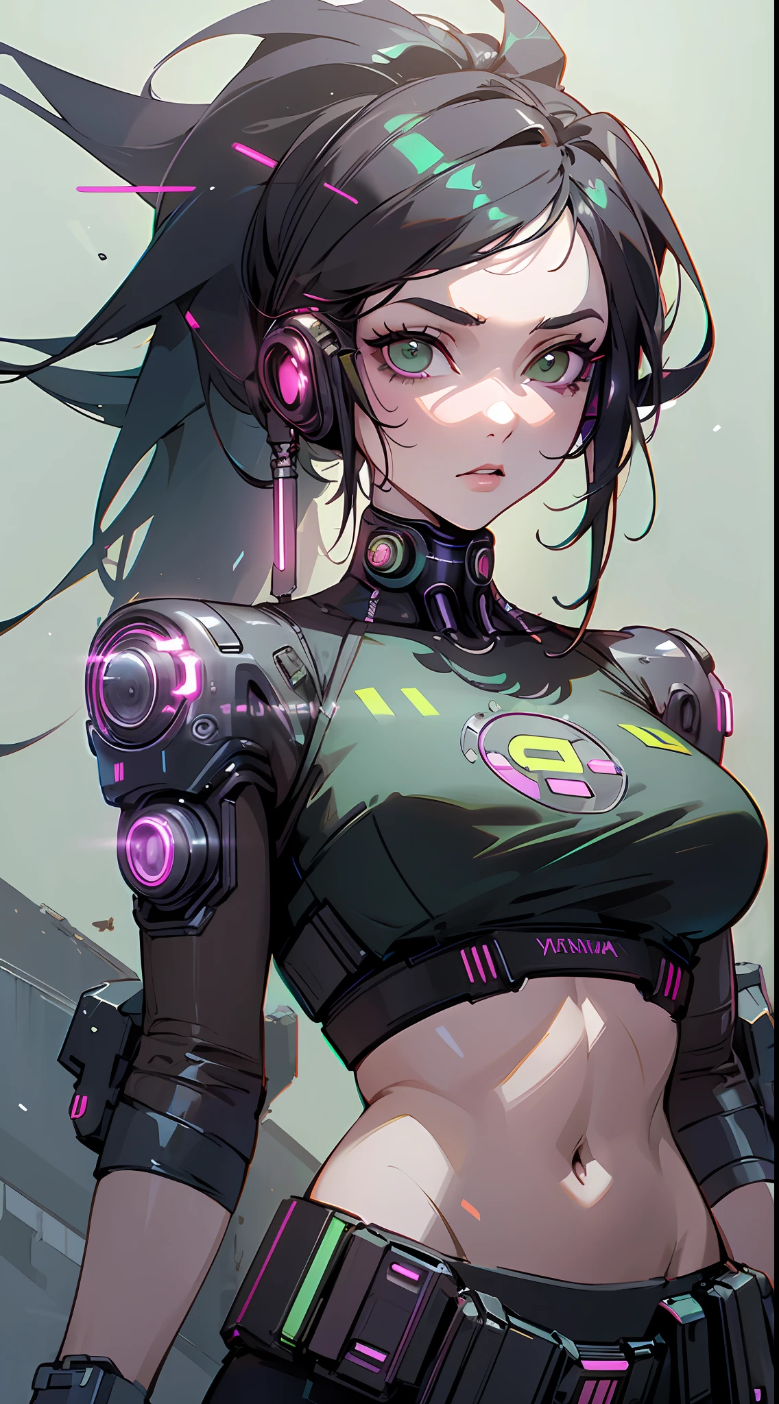 Finest Quality, 8k, 32k, Masterpiece, ((awaken:1,5)), (IP Masquerena), (fighting stance), facing left, (cyberpunk:1.5), wearing green crop top, (openai logo), plain white background