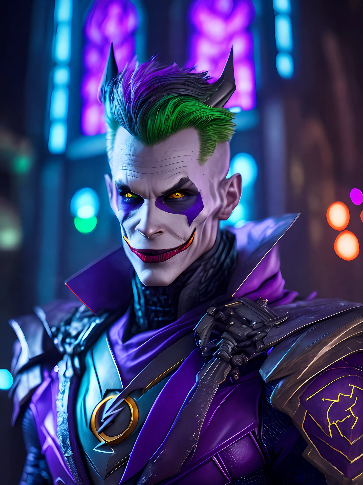 Portrait, Joker Flash from DC, Biomechanical, Complex Robot, Full Growth, Hyper Realistic, Insane Small Details, Extremely Clean Lines, Cyberpunk Aesthetic, Masterpiece Featured at Zbrush Central, Gothic Brutalist Cathedral, Cyberpunk, Award-Winning Photo, Bokeh, Neon Lights, Cybernetic Limb