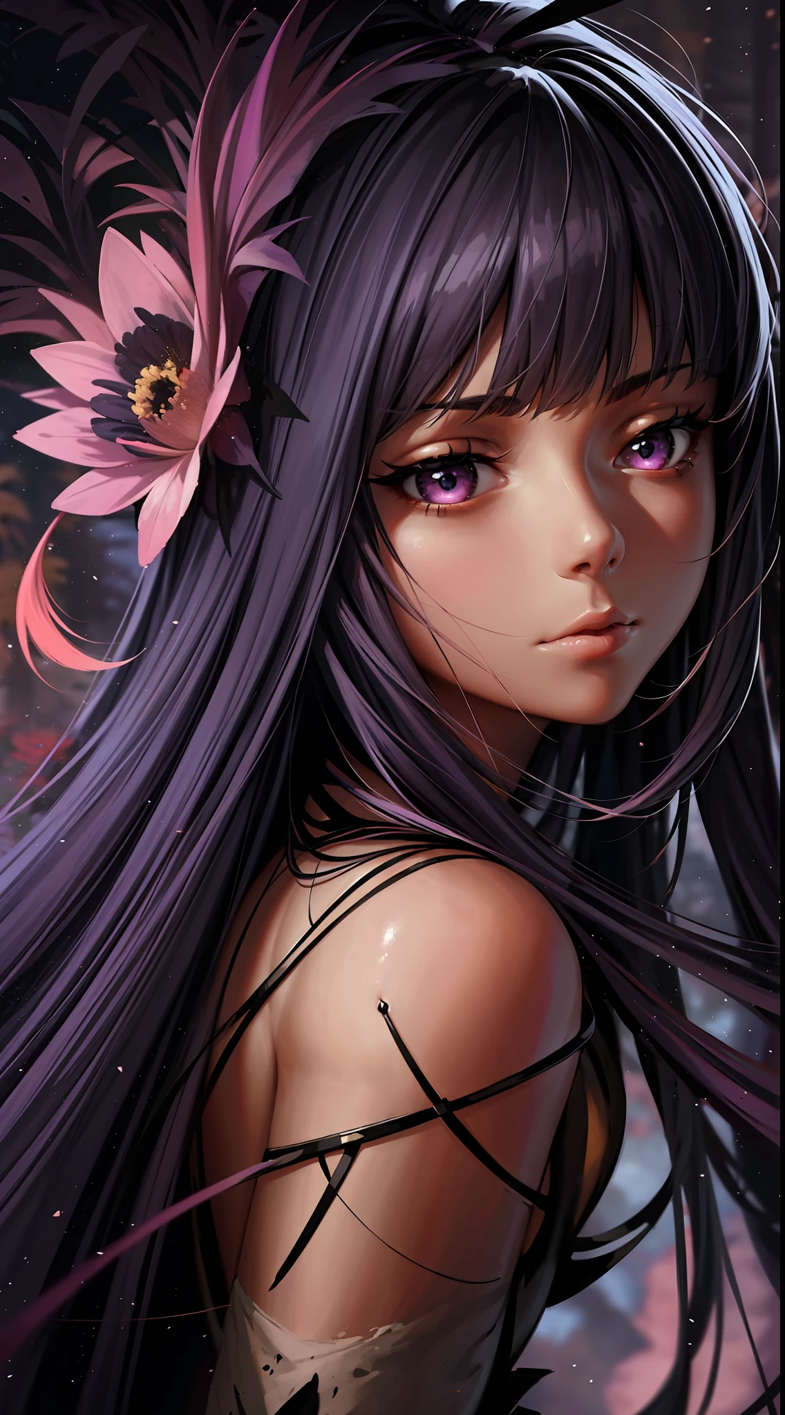 （（wide shot）），nebula，（KK），（（yun）），The girl looks up at the stars，length hair，（（（long dress））），（field），（（purple eyes）），（（（The eyes are meticulously depicted）））。（（（Blue-purple lot））），（（There are many red peony flowers）），（（vine）），（（leaf，，，，）），（（Complex graphics）），（（（Meticulous portrayal））），（（（exquisite face））），Brilliant colors，（（（Super fine hair drawn））），（（High definition of hair））， （（（Hyper-clear sky）））， in anime style， Chiaroscuro， Depth of field， Back light， full body portrait，Dynamic video， Stereoscopic perspective， a masterpiece，（（ super detaill））， （（highdetail））， High Quality， 4K， Bestquality， high res，（（（ink and wash style））