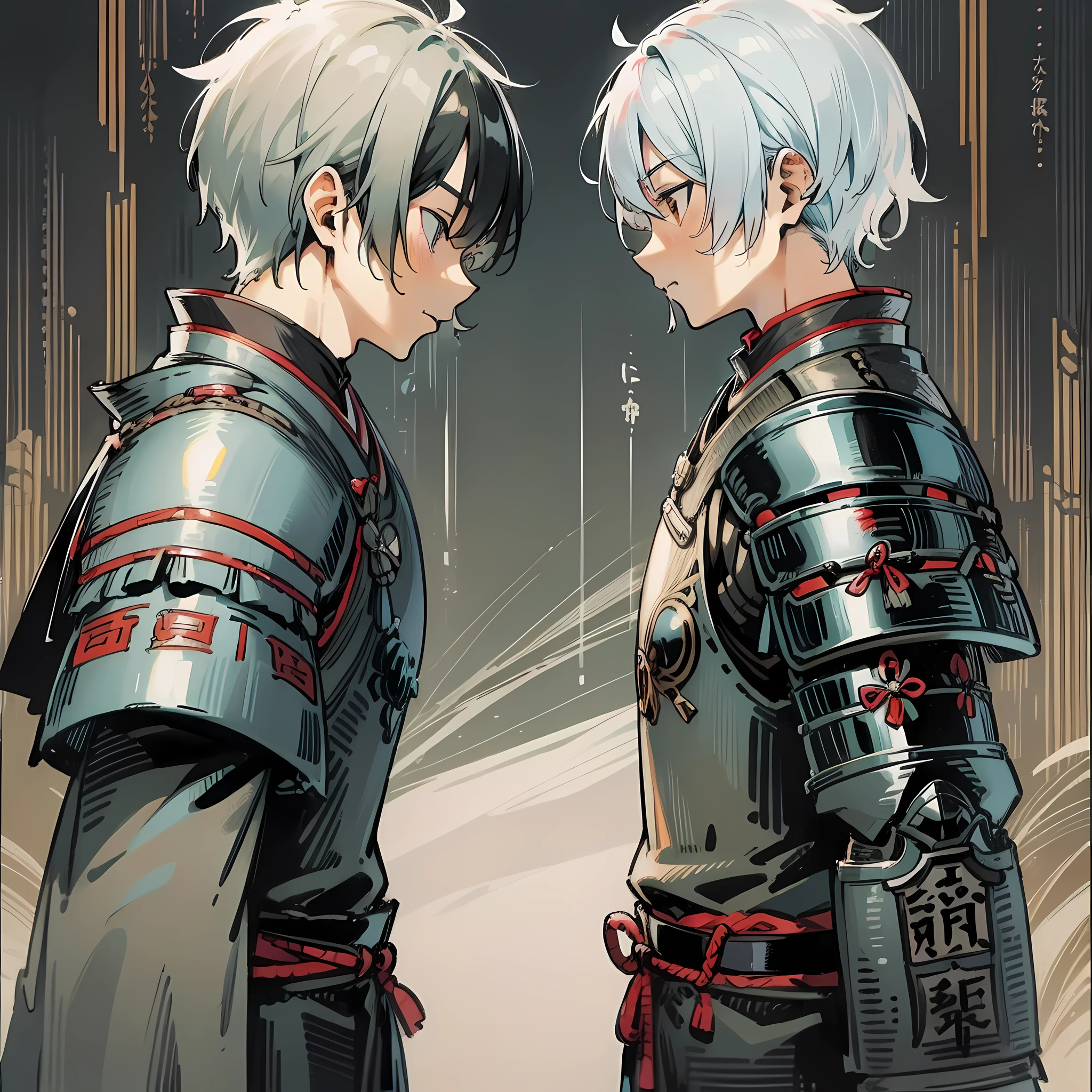 Two men in Japanese armour. One is shorter and has short white hair, one is taller and has short black hair. They both have sheathed katana at their sides.