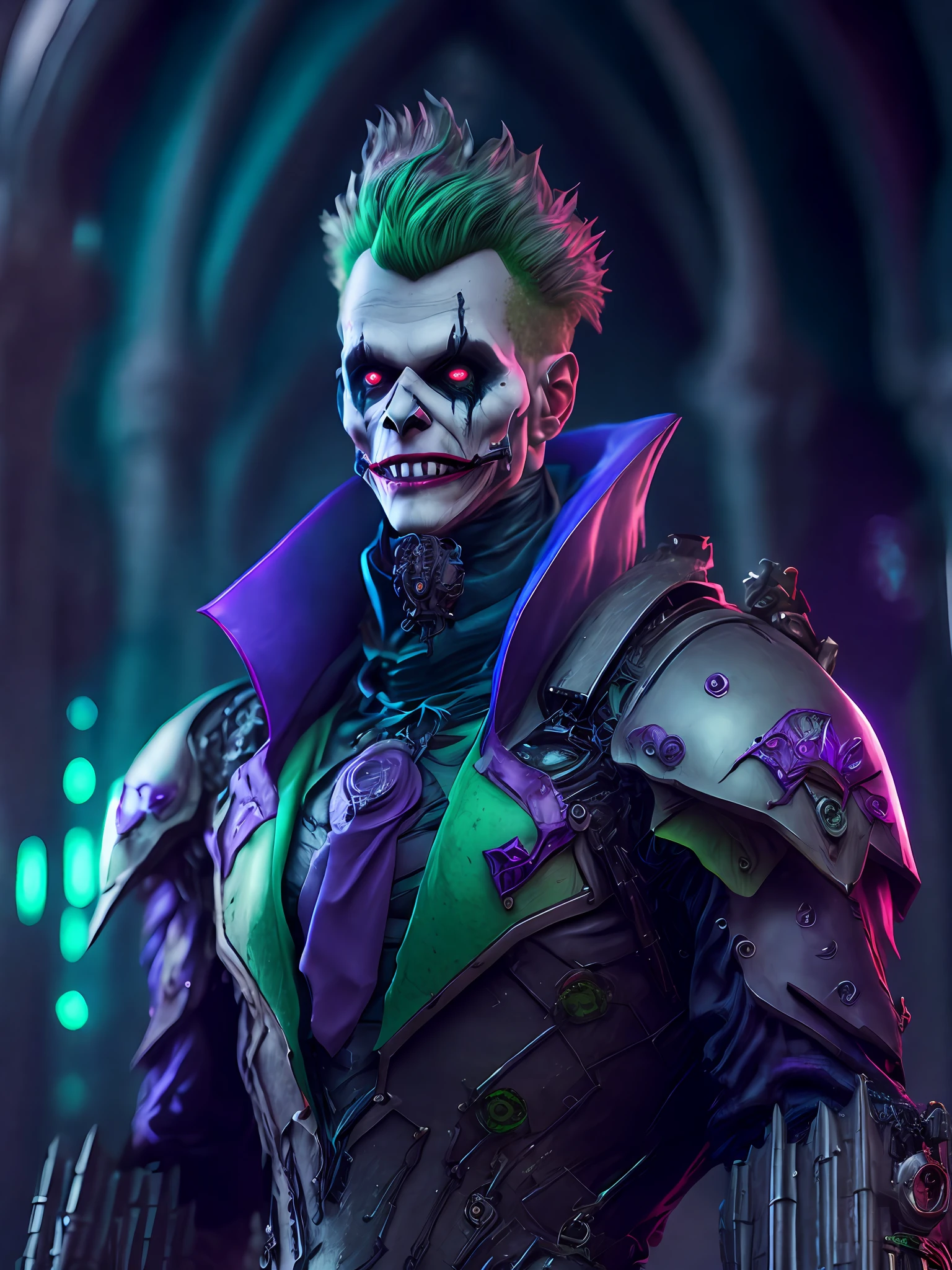 Portrait, Zombie Joker from DC, biomechanical, complex robot, full growth, hyperrealistic, insane small details, extremely clean lines, cyberpunk aesthetic, masterpiece featured on Zbrush Central, gothic brutalist cathedral, cyberpunk, award-winning photo, bokeh, neon lights, cybernetic limb