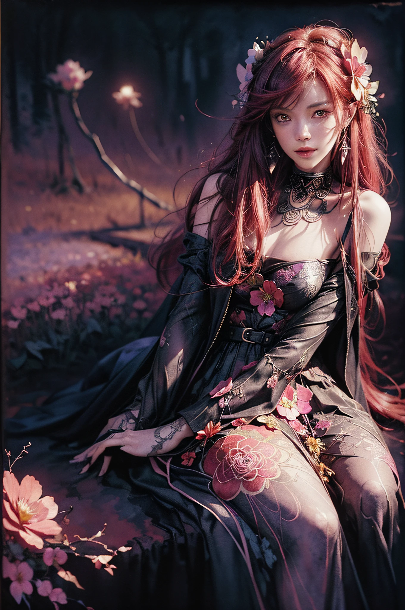 1girl, solo, waist up, red hair, park, sitting, from front, (zentangle, mandala, tangle, entangle), roses (flower blossom:1.2) official art, unity 8k wallpaper, ultra detailed, aesthetic, masterpiece, best quality, photorealistic, earrings, cinematic lighting, solo, smile,((flying petal)),(Flowery meadow), mole under eye, moonlight, night, (dark theme:1.3), light, fantasy, high contrast, ink strokes, over exposure, purple and red tone impression , abstract, ((watercolor painting by John Berkey and Jeremy Mann )) brush strokes, negative space,