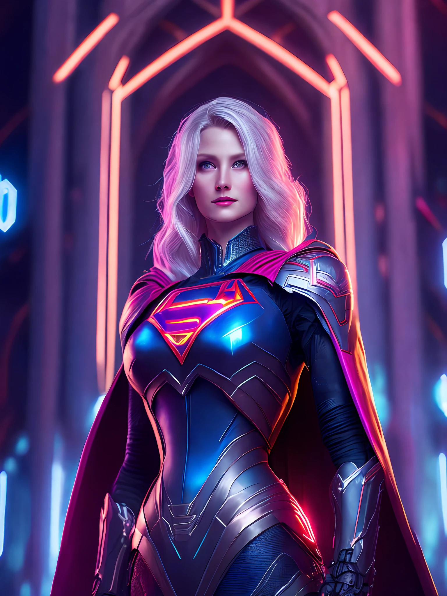 Portrait, God Supergirl from DC, biomechanical, complex robot, full growth, hyperrealistic, insane small details, extremely clean lines, cyberpunk aesthetic, masterpiece featured at Zbrush Central, gothic brutalist cathedral, cyberpunk, award-winning photo, bokeh, neon lights, cybernetic limb