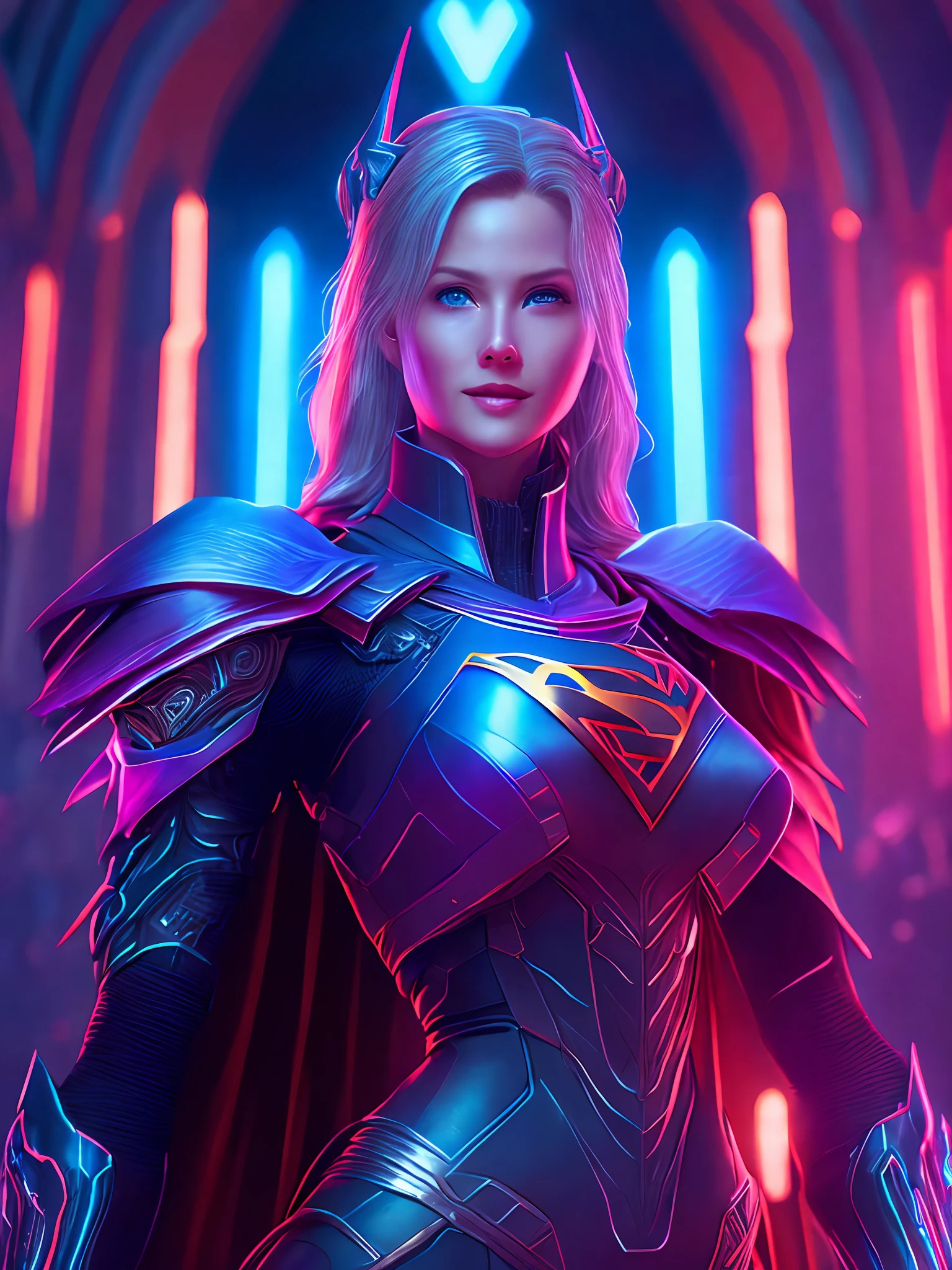 Portrait, God Supergirl from DC, biomechanical, complex robot, full growth, hyperrealistic, insane small details, extremely clean lines, cyberpunk aesthetic, masterpiece featured at Zbrush Central, gothic brutalist cathedral, cyberpunk, award-winning photo, bokeh, neon lights, cybernetic limb