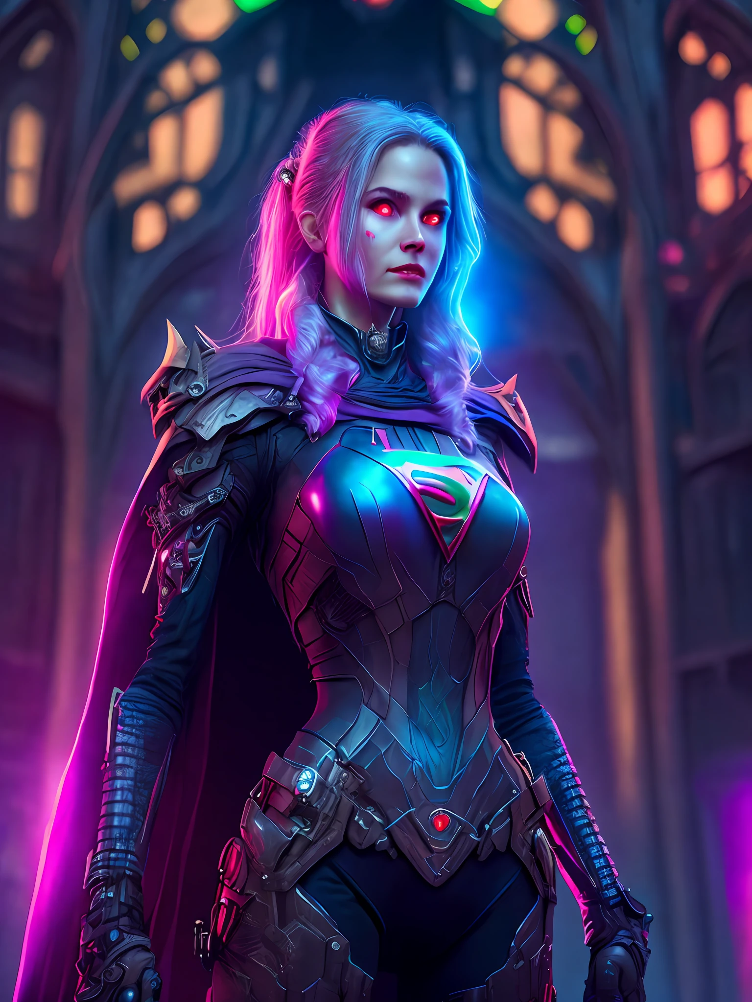 Portrait, Zombie Supergirl from DC, biomechanical, complex robot, full growth, hyperrealistic, insane small details, extremely clean lines, cyberpunk aesthetic, masterpiece featured on Zbrush Central, gothic brutalist cathedral, cyberpunk, award-winning photo, bokeh, neon lights, cybernetic limb