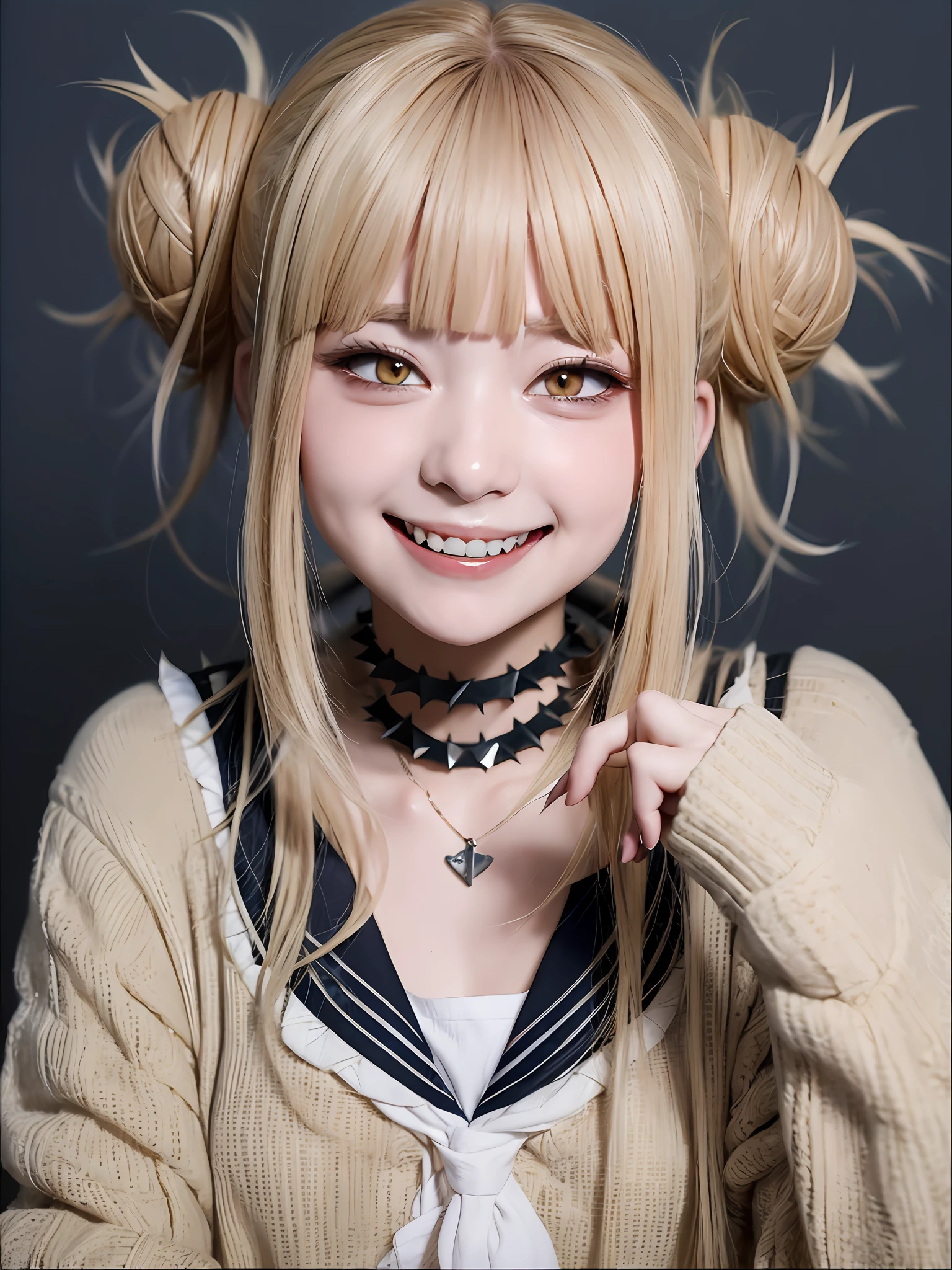 masterpiece, top quality, best quality, 1girl, Toga, (fangs), (unusual pupils), (smile), messy hair, (spikey choker), crazy blushing,