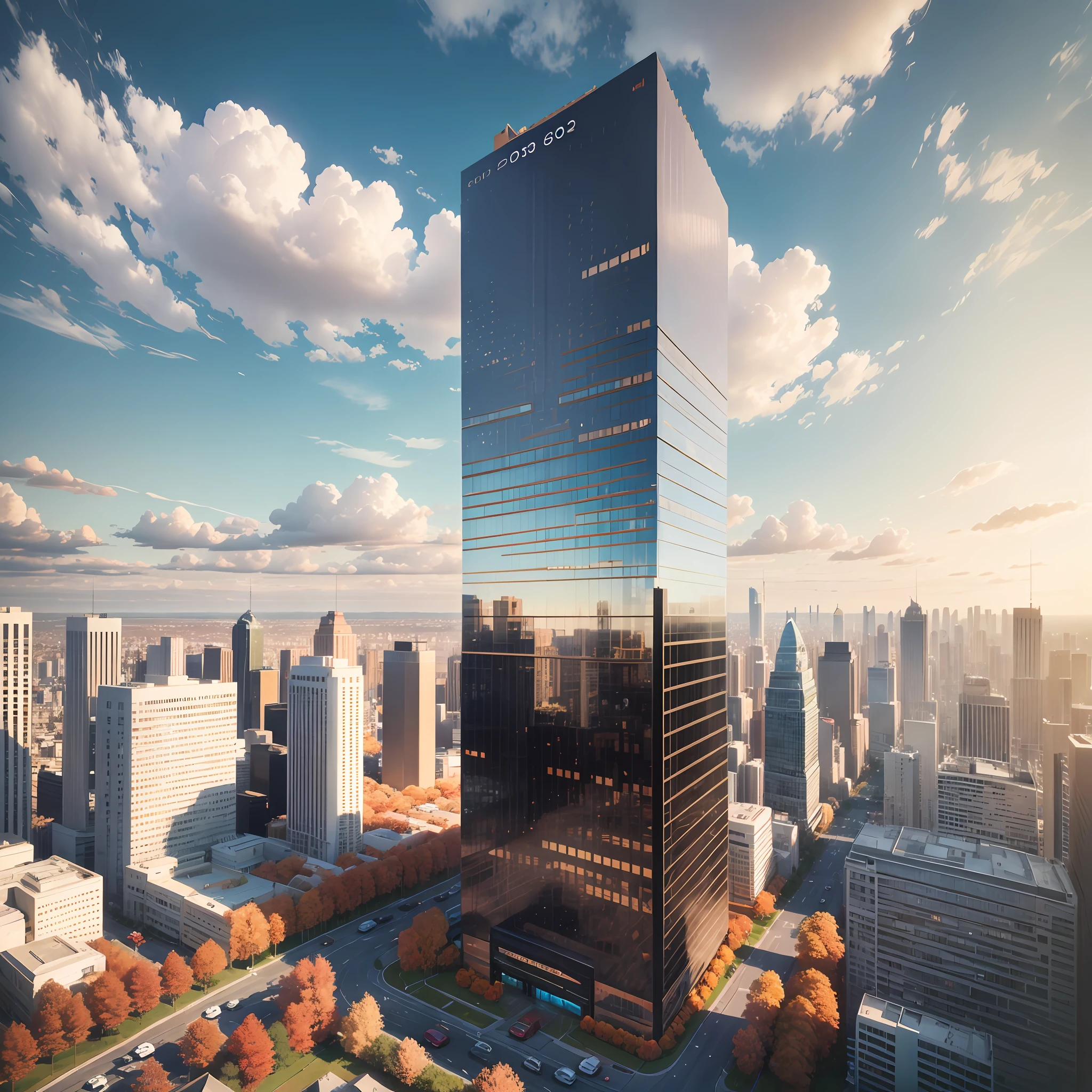 Create a photograph of a 60-story building. The photograph is taken from a distant drone. The sky has white clouds with an autumn light. Around the building, It has smaller buildings composing the landscape. There should be no cars on the streets --auto --s2