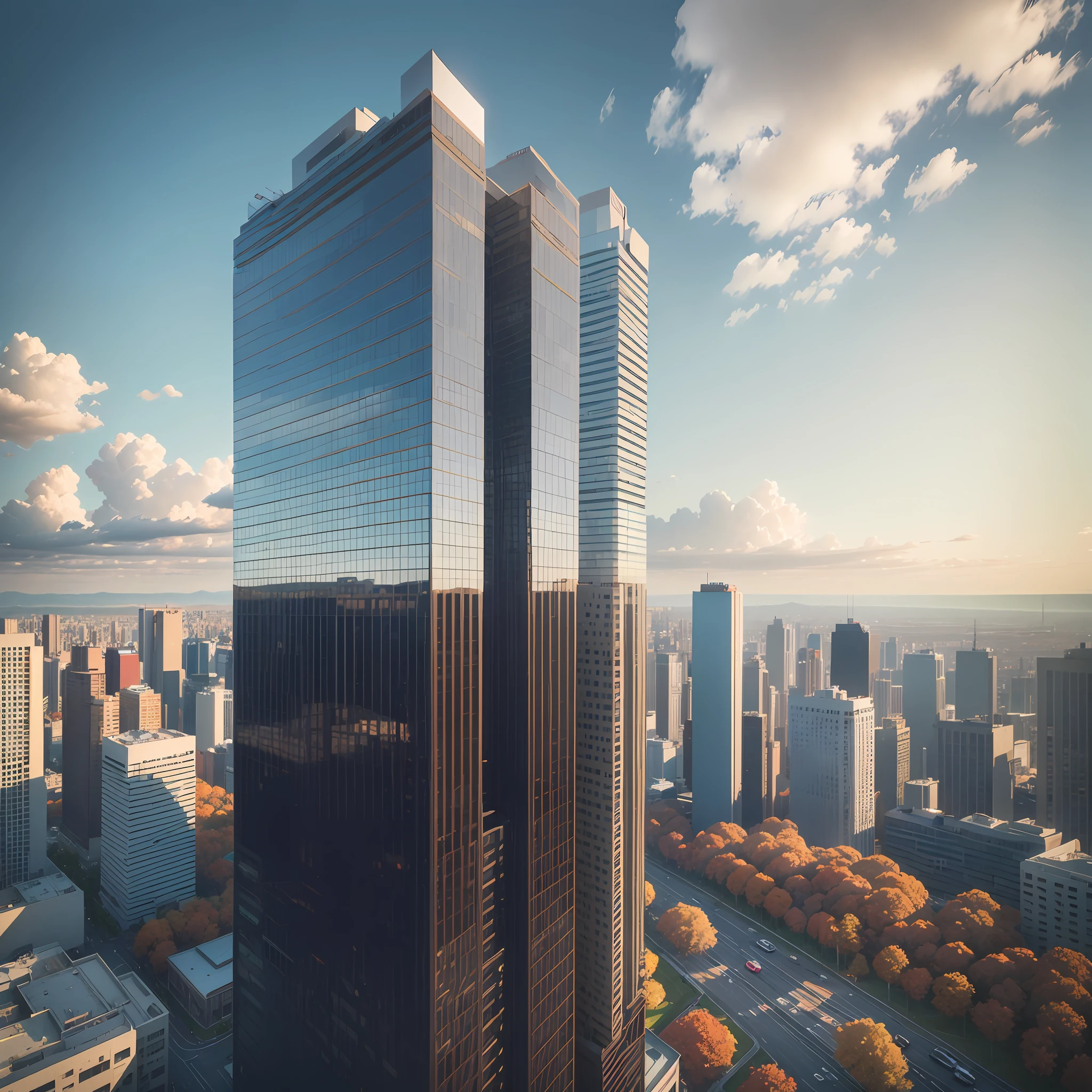 Create a photograph of a 60-story building. The photograph is taken from a distant drone. The sky has white clouds with an autumn light. Around the building, It has smaller buildings composing the landscape. There should be no cars on the streets --auto --s2