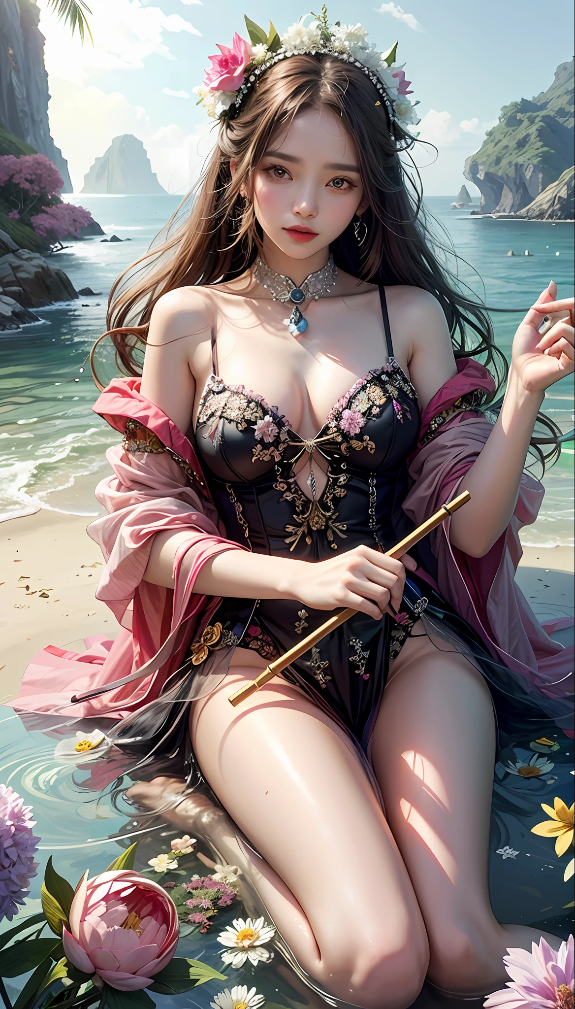 1girle，meili，Magic style，the best quality，a masterpiece，（rainbow-candy：0.8），（half body：1.3），Ocean，Cool colors，low saturation，flowers，