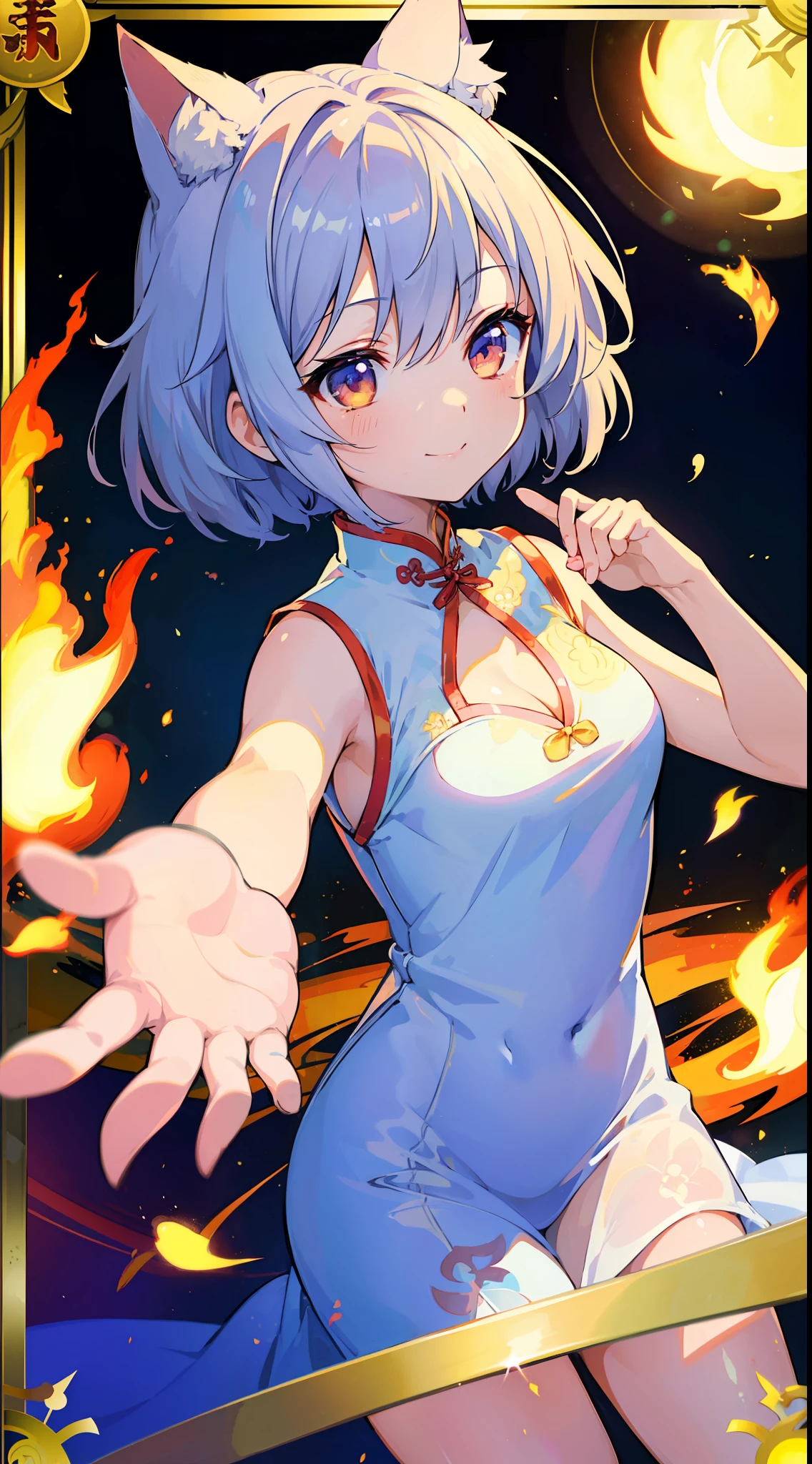 (MASTERPIECE)、(Top quality anime illustrations)、(ultra definition)、one girl、solo、Beautiful girl with silver hair、Anime Loli、Cat eared loli、Flame see-through cheongsam、Short cheongsam、Sleeveless、a smiling look、Cleavage emphasis、Lower milk emphasis、thights、Tarot card style、force