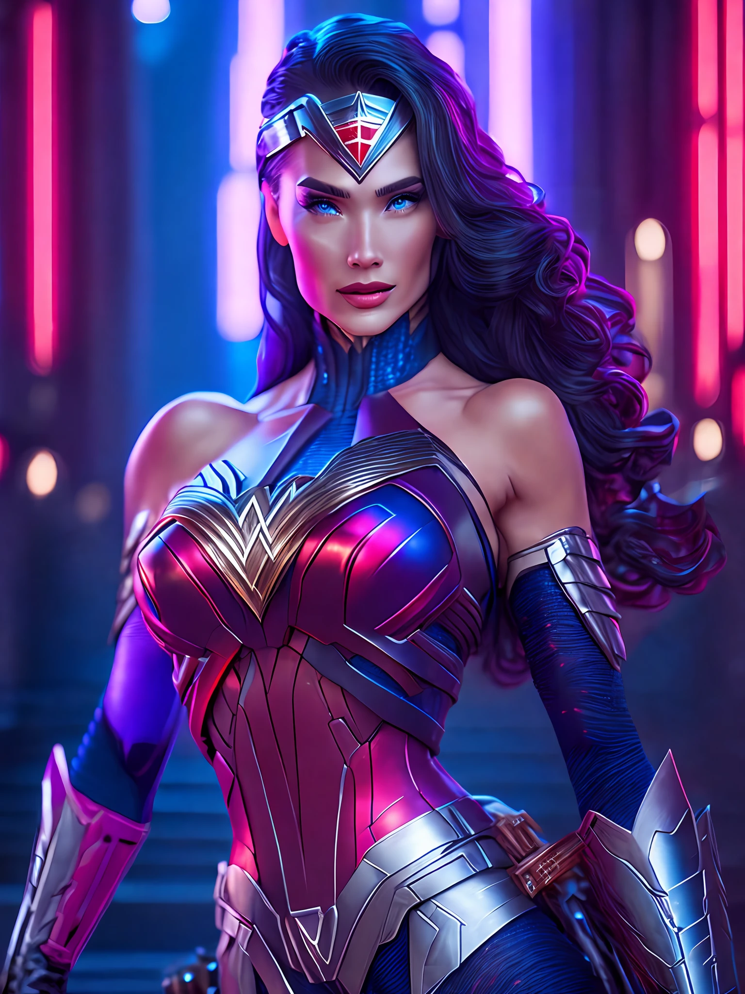 Portrait, Sexy Wonder Woman from DC, biomechanical, complex robot, full growth, hyper-realistic, insane small details, extremely clean lines, cyberpunk aesthetic, masterpiece featured on Zbrush Central, gothic brutalist cathedral, cyberpunk, award-winning photo, bokeh, neon lights, cybernetic limb