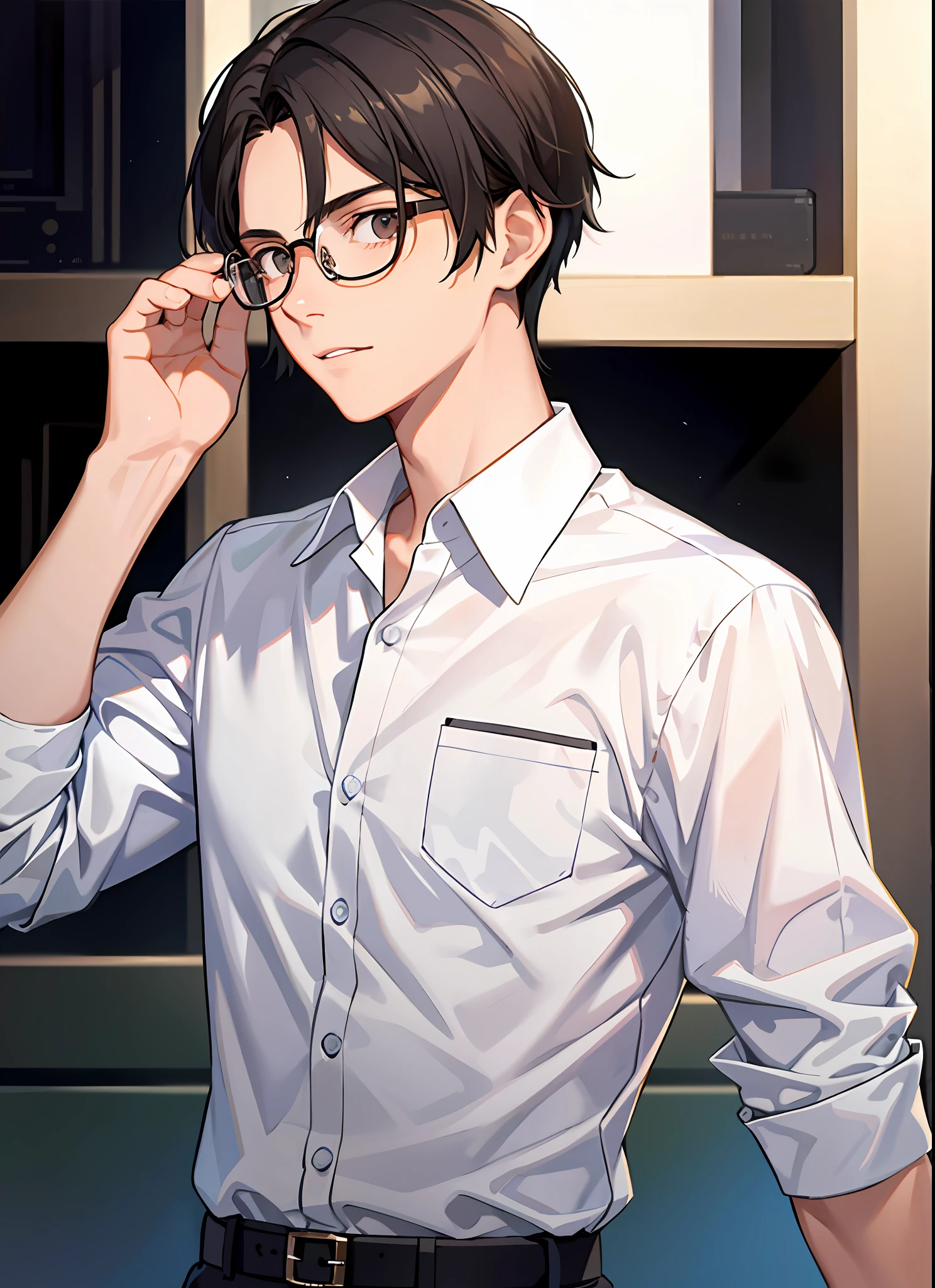 masterpiece, 1boy, male, , medium length hair, dark hair, rectangular glasses, shirt, school, upper body,