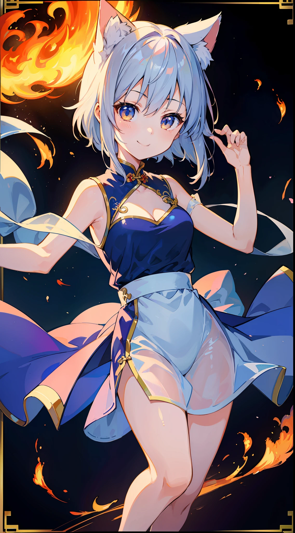 (MASTERPIECE)、(Top quality anime illustrations)、(ultra definition)、one girl、solo、Beautiful girl with silver hair、Anime 、Cat eared lolime see-through cheongsam、Short cheongsam、Sleeveless、a smiling look、Cleavage emphasis、Lower milk emphasis、thights、Tarot card style、force